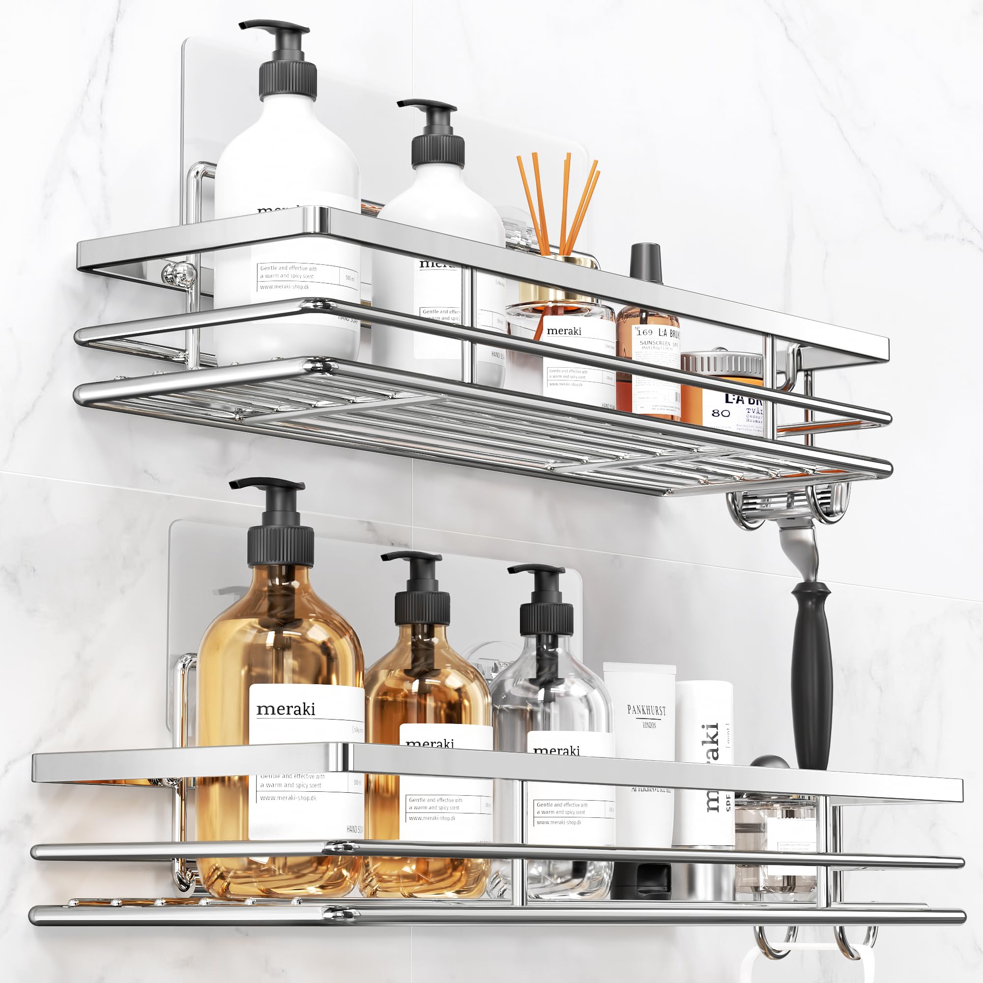 pickpiff Duschablage Ohne Bohren SUS304 Edelstahl 2 Stück Duschregal mit 2 Haken Badregal Bathroom Organizer Shampoo Halterung Für Dusche Selbstklebend Angebot bei HelloDeals