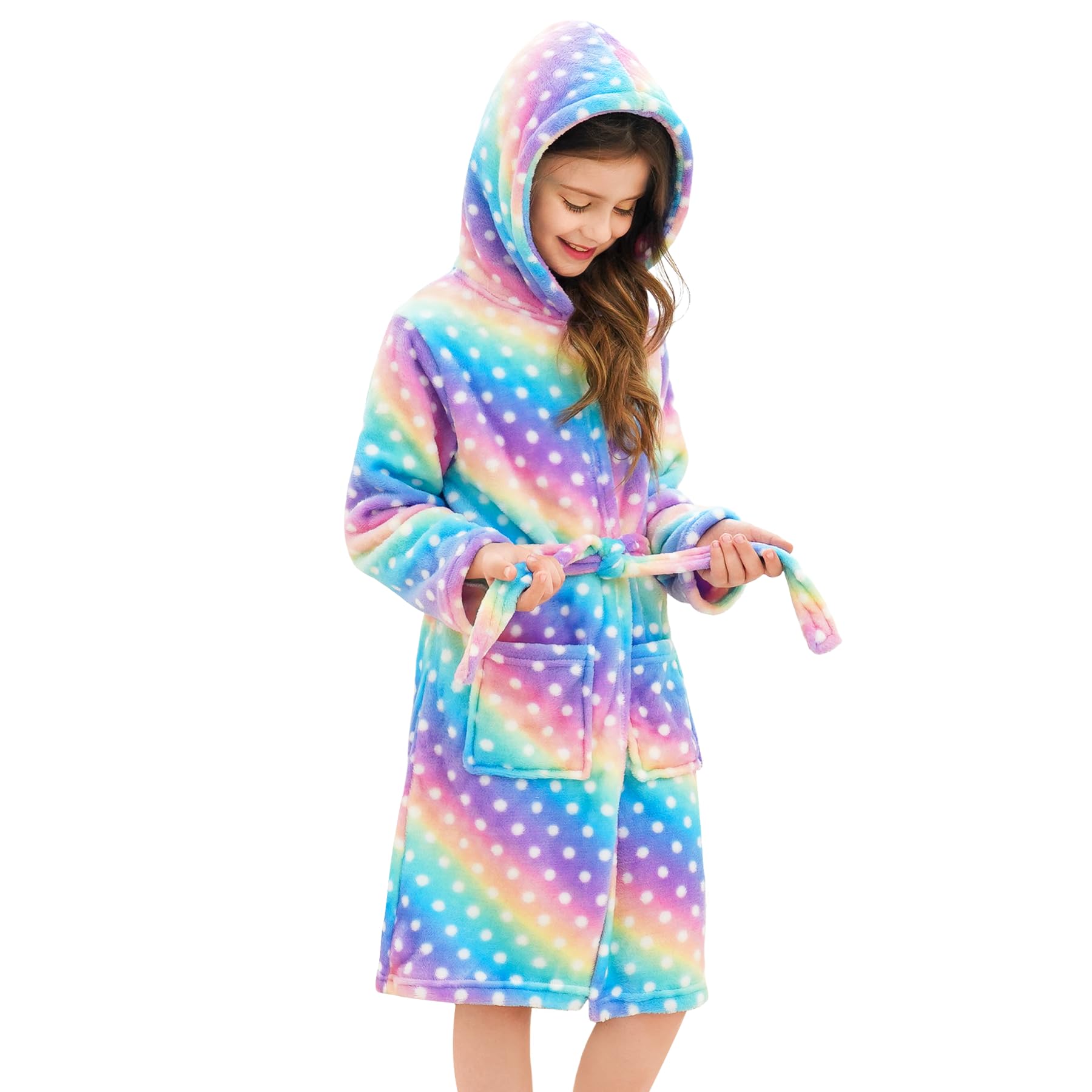Weicher Bademantel mit Kapuze für Mädchen Fleece Morgenmantel Nachtwäsche Kinder 8-9 Jahre Regenbogen Punkte Angebot bei HelloDeals