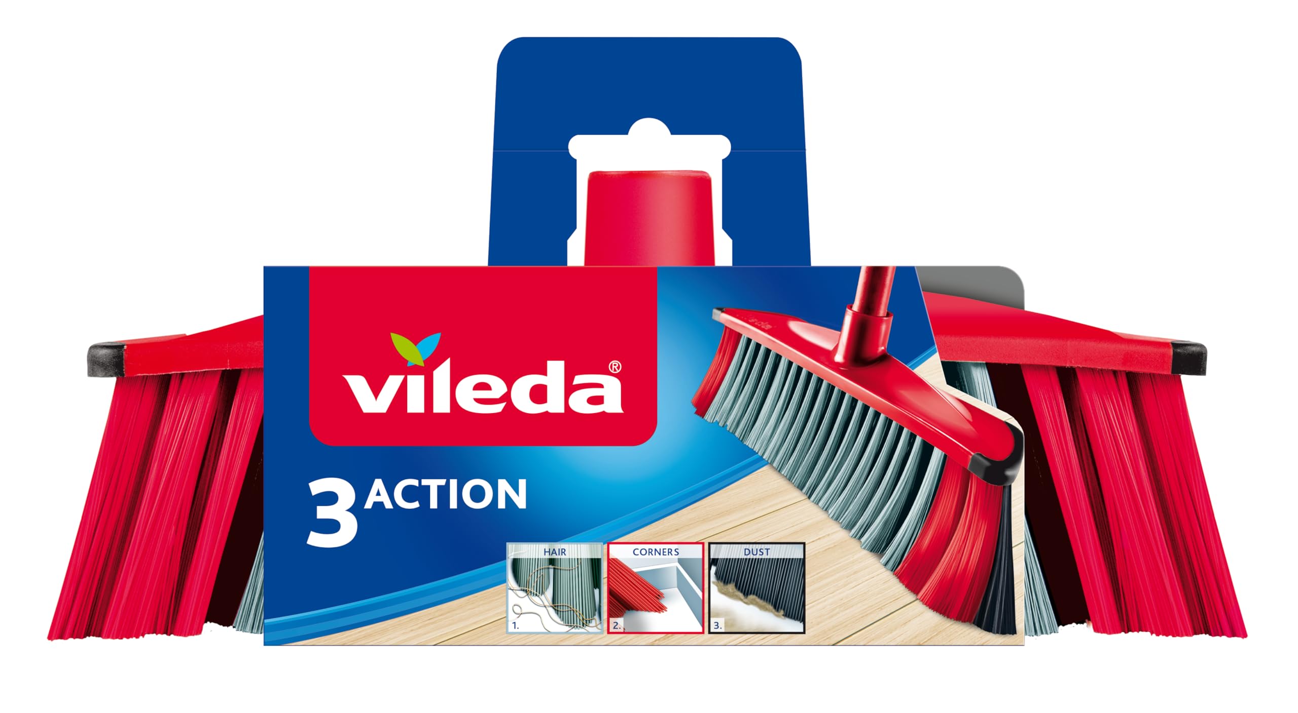 Vileda 3Action Besen - Kombination von 3 Borsten - für Staub, groben Schmutz und Haare und für Ecken Grau, Rot 1 - Pack Angebot bei HelloDeals
