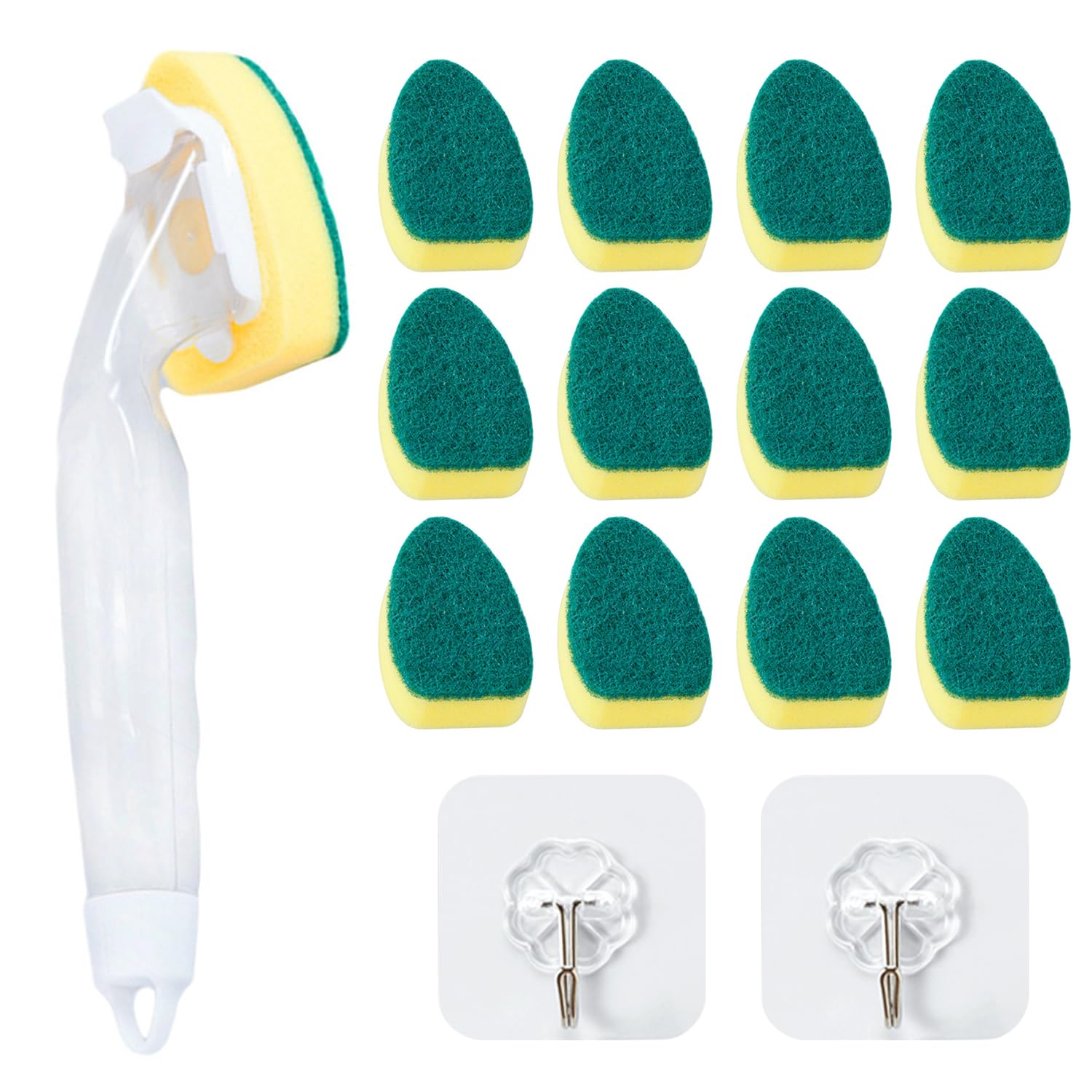 1 Stück Langstielige Topfbürste Mit 12 Schwammköpfen, 2 Stück Transparente Haken, Küchenreinigungsschwammbürste, Geschirrspülbürste Mit Spülmittelspender, Schwammreinigungswerkzeug Angebot bei HelloDeals