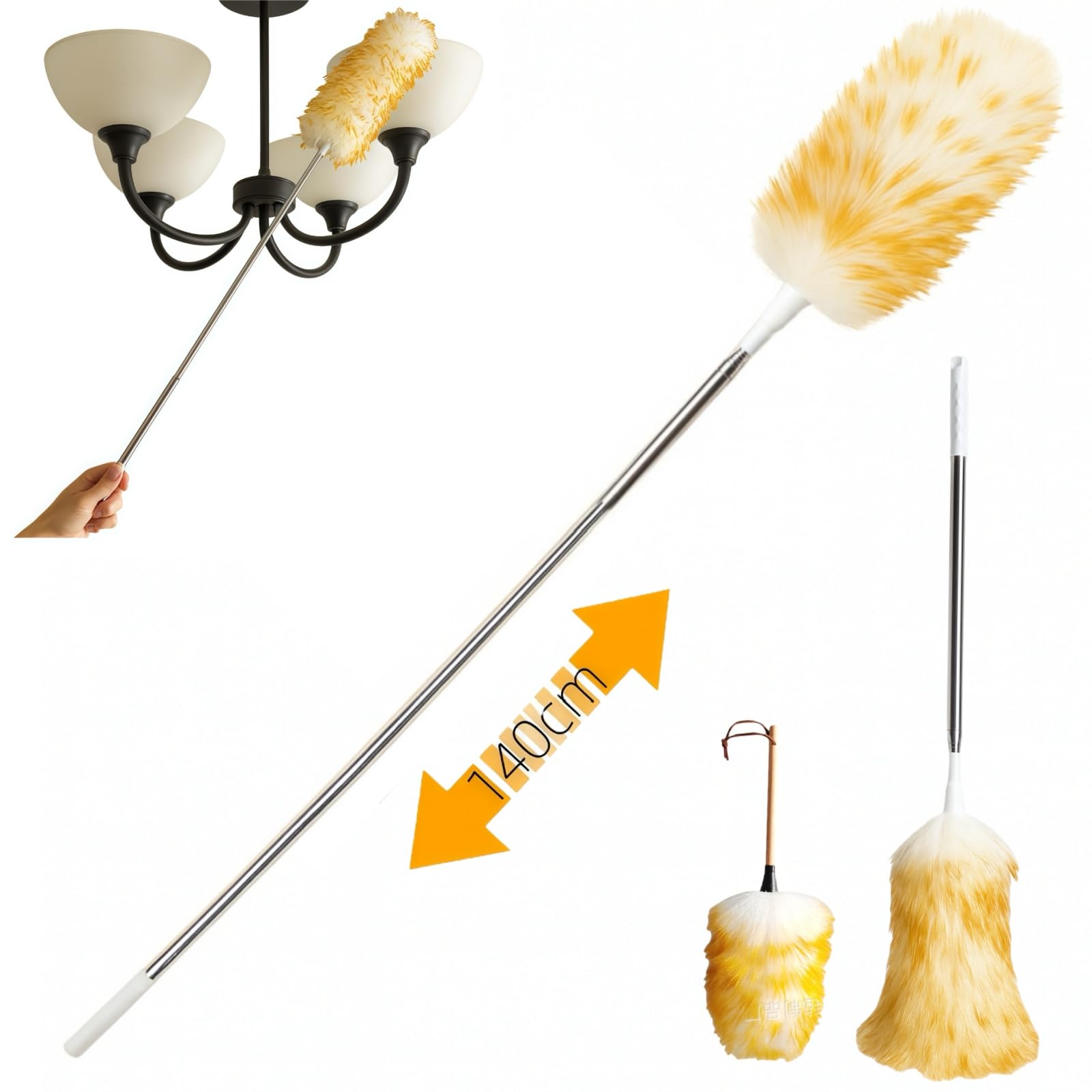 2er Set Staubwedel Lammwolle Teleskop, Waschbar & ausziehbar mit langem Teleskopstiel 140cm & 30cm Handstaubwedel aus Lammwolle, für Möbel, Decken & empfindliche Flächen Weiß2 140cm Angebot bei HelloDeals