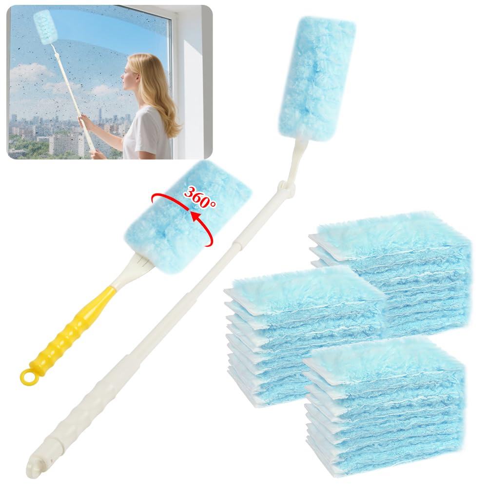 OFFCUP Staubwedel Teleskop Set, 32 Stück 360° für Swiffer Staubmagnet Nachfüllpack mit 1 Handgriff 1 Teleskopstange, Einweg Magnet Staubwedel für Allergene Tierhaare Reinigung Gegen Staub Blau Angebot bei HelloDeals