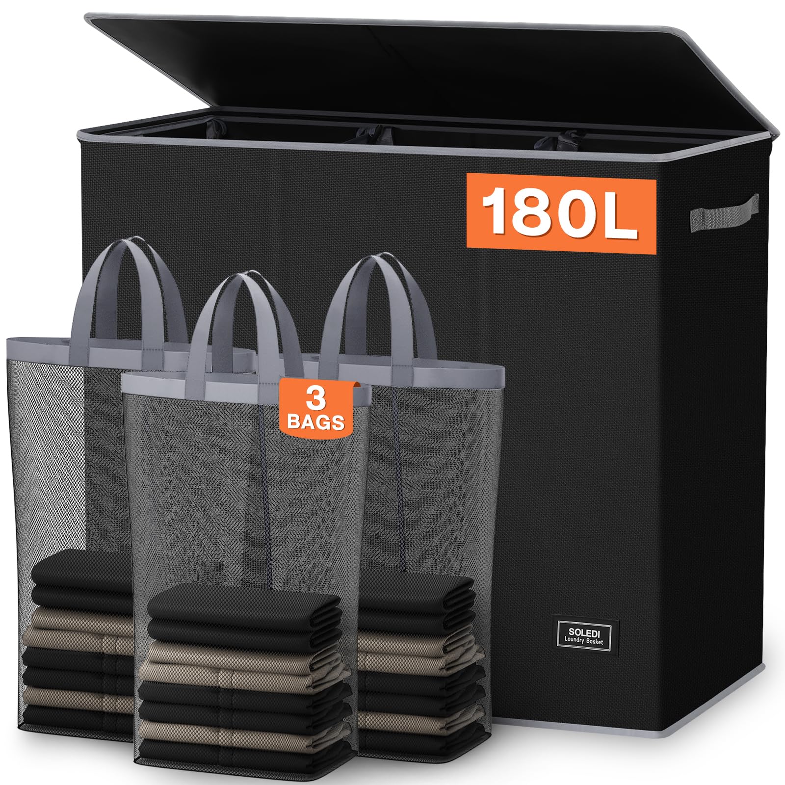 SOLEDI 180L Wäschekorb, Wäschesammler mit Deckel, 3 Fächer und 3 Wäschesack - Großer XXXL Wäschesortierer für Badezimmer, Schlafzimmer, Wäschekammer, Kinderzimmer - 3 x 60L 180 Liter Schwarz Angebot bei HelloDeals