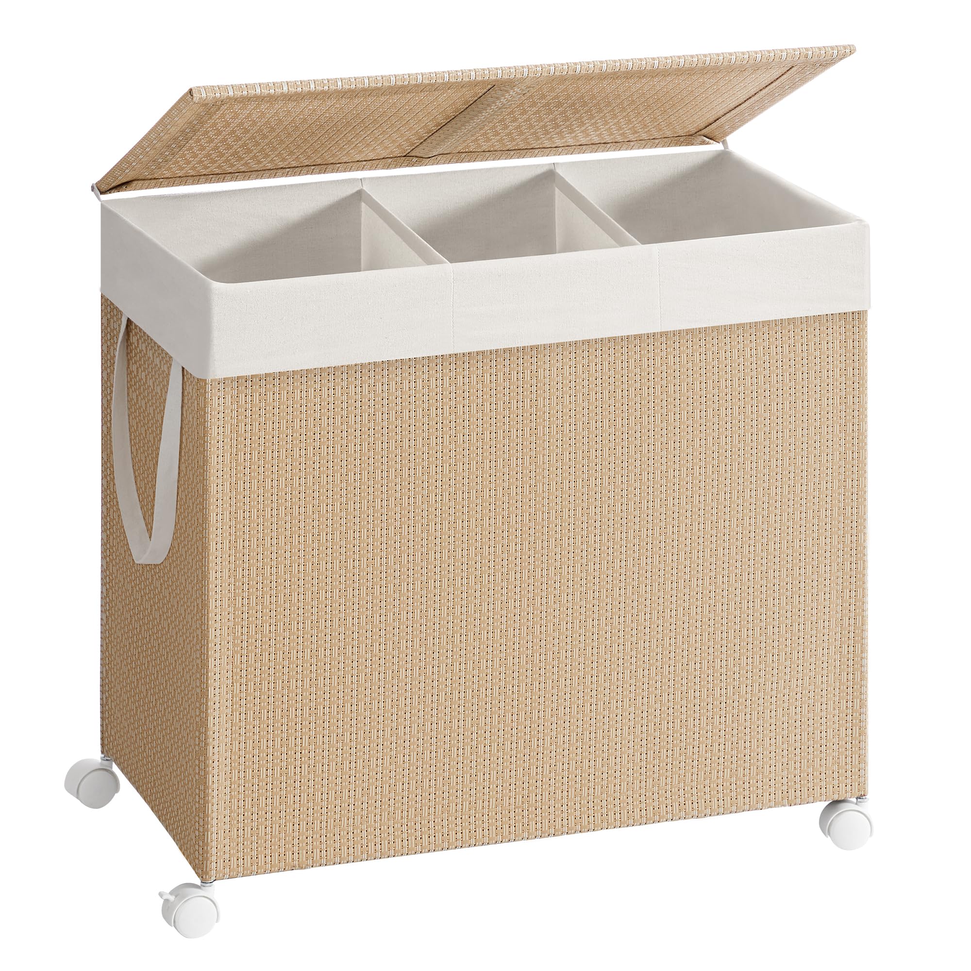 SONGMICS HOME Wäschekorb 3 Fächer, Wäschesammler 140 L, Wäschesortierer auf Rollen, mit Deckel, Wäschesack mit Griffen, Rattan-Optik, für Waschküche Badezimmer, naturbeige-mattweiß LCB602N01 Angebot bei HelloDeals
