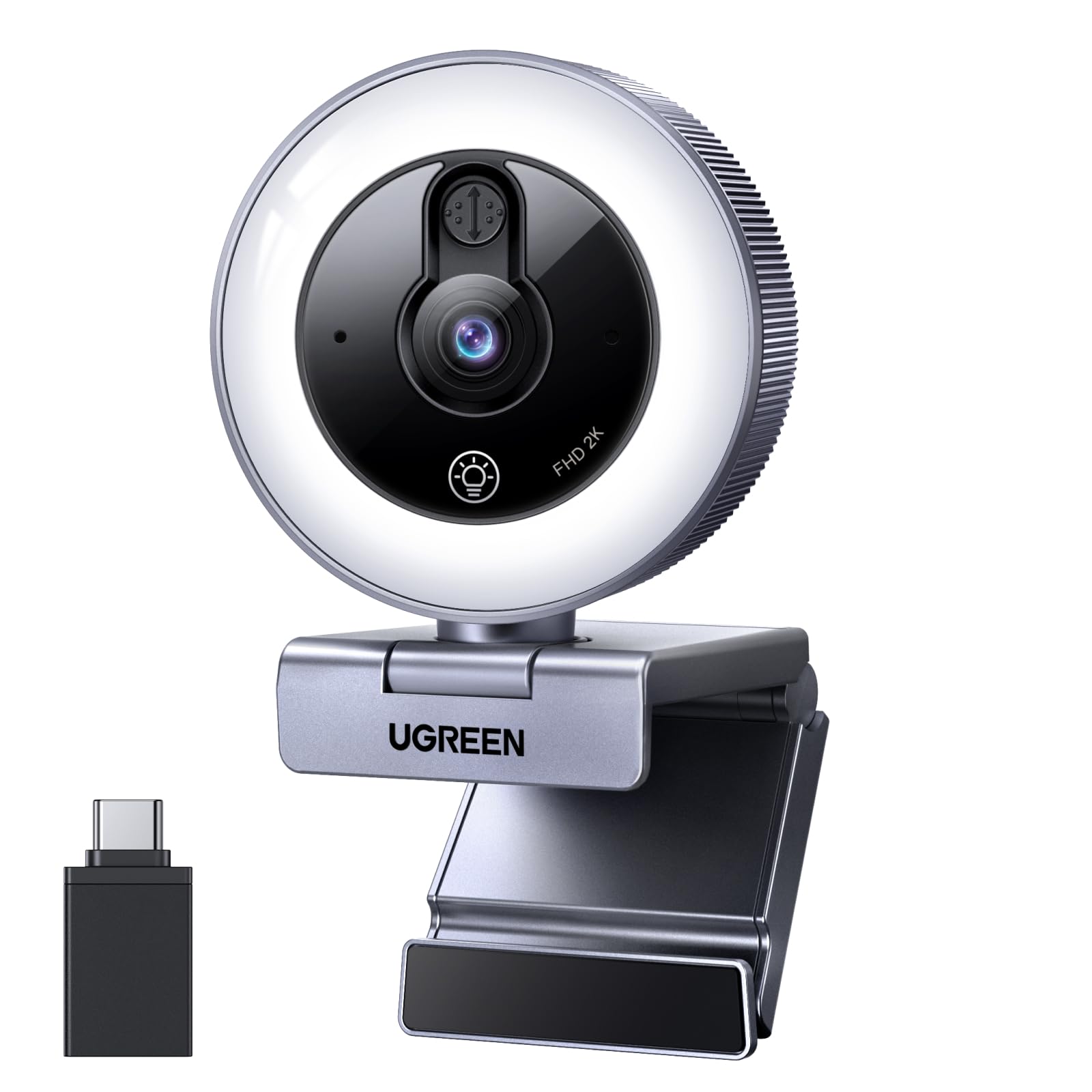 UGREEN 2K Webcam mit Ringlicht PC Kamera mit mikrofon Streaming Kamera mit Abdeckung Fixfokus 4 Fülllichtstufen 80°FOV USB-A/C Anschluss Kompatibel mit PC/Laptop/Windows/Mac/Linux/Skype Angebot bei HelloDeals