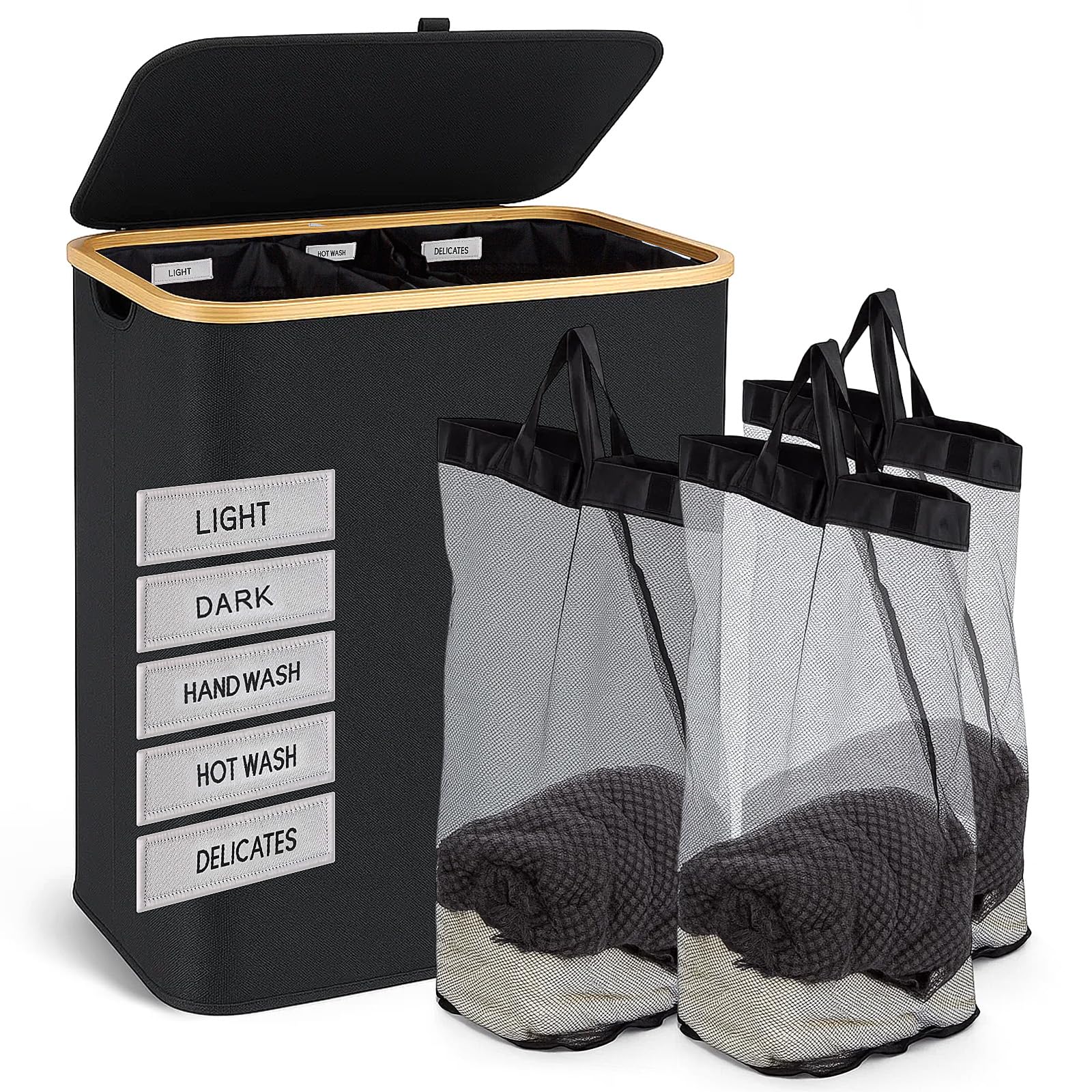 GROWNEER Extra Große Wäschekorb mit Deckel, 160L, 3 Fächer für Schmutzige Kleidung, Inklusive Abnehmbarer Wäschesäcke – Ideal für Schlafzimmer und Waschküche (Schwarz) Schwarz 3 Fächer -160L Angebot bei HelloDeals