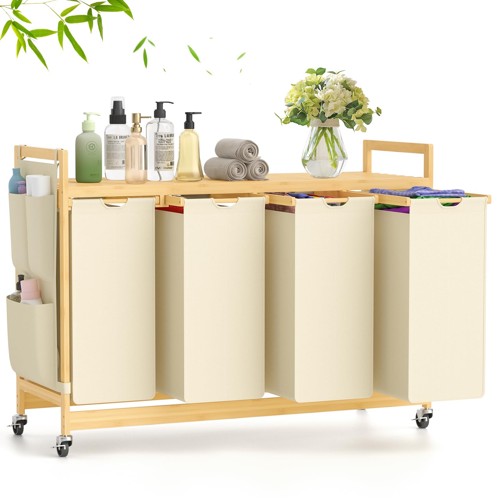 SUHU Wäschekorb aus 4 Fächer Bambus Wäschesammler mit Rad Wäscheregal kleine seitliche Taschen Wäschesäcken Abnehmbaren Wäschebox für Schlafzimmer Waschküche Beige 200L（114×41.5×83CM） Angebot bei HelloDeals