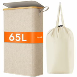 Lifewit 65L Wäschekorb Schmal mit Deckel, Faltbarer Wäschesammler Schmal mit Wäschesack, Laundry Basket Wäscheboxen aus Bambus mit Tragegriff für Apartment, Wohnheim und Wohnwagen, Beige Beige 65L Angebot bei HelloDeals