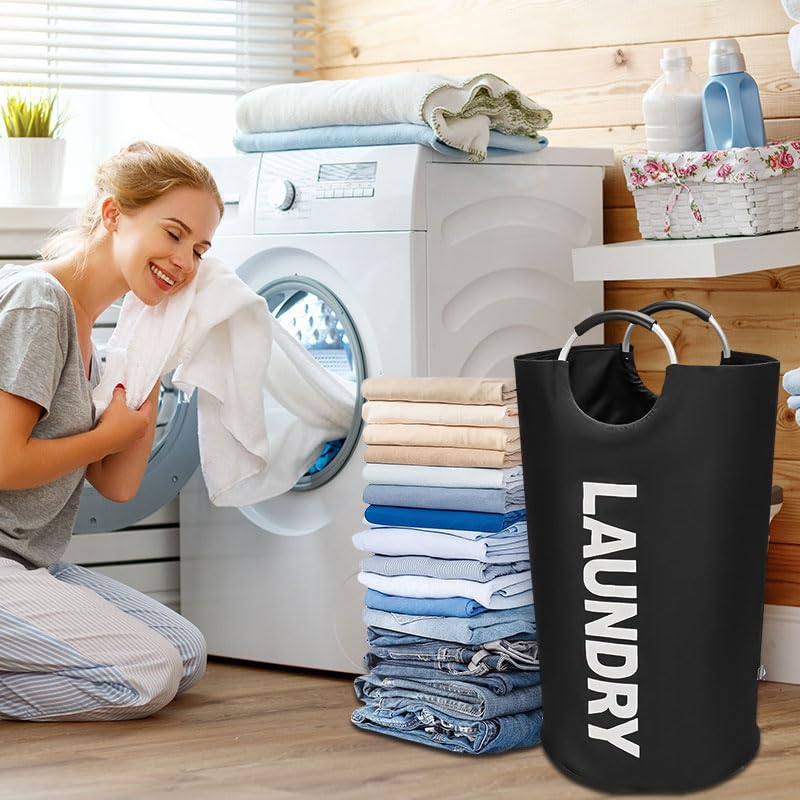 Großer Wäschekorb, 90 l, zusammenklappbar, hoher Wäschekorb, Kleiderkorb steht gut, leicht zu tragen, mit Schaumstoff-geschützten Aluminiumgriffen für Badezimmer, Wohnheim, Familie, Reisen (schwarz) Angebot bei HelloDeals
