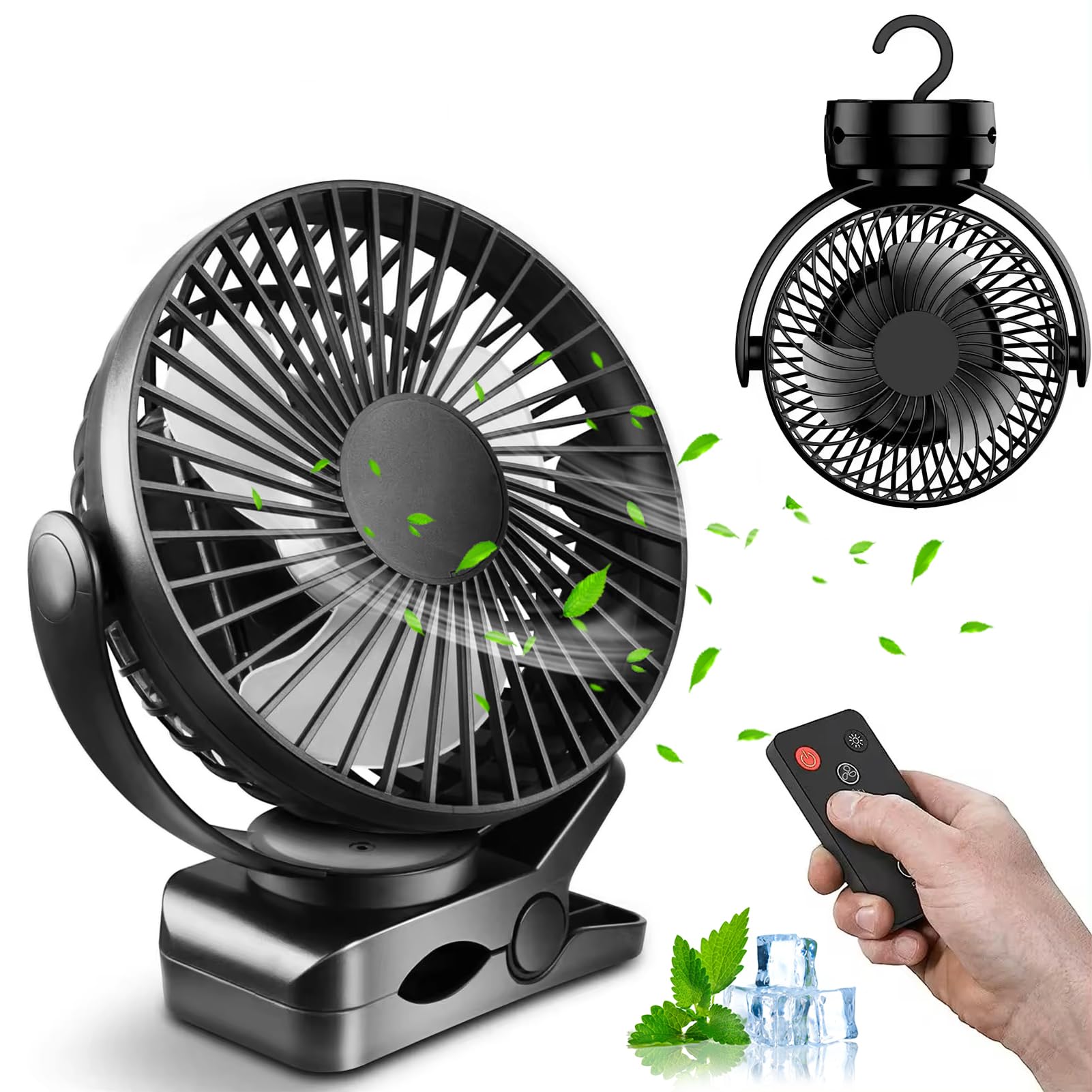 Tragbarer Mini Ventilator mit 8000mAh Akku, 360° Drehung, Clip Ventilator mit LED Licht & Fernbedienung, USB Tischventilator für Camping, Büro, Zuhause, Angeln – Schwarz Angebot bei HelloDeals