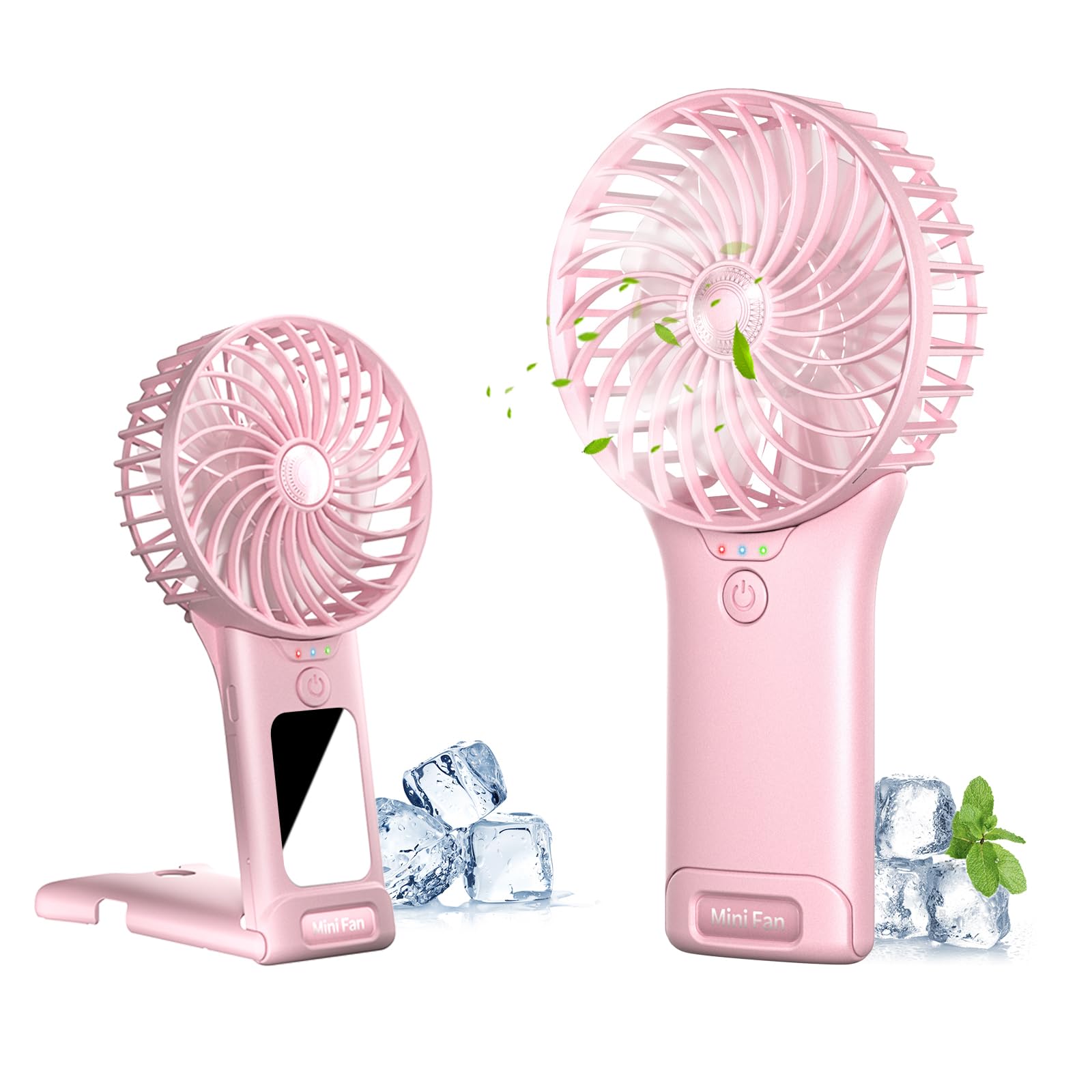 Handventilator, USB Wiederaufladbarer Tragbarer Mini Ventilator , Persönlicher Kleiner Leiser Handventilator 4 Geschwindigkeiten mit Spiegel, 2000mAh Akku Tischventilator für Büro Zuhause Reisen Rosa Angebot bei HelloDeals
