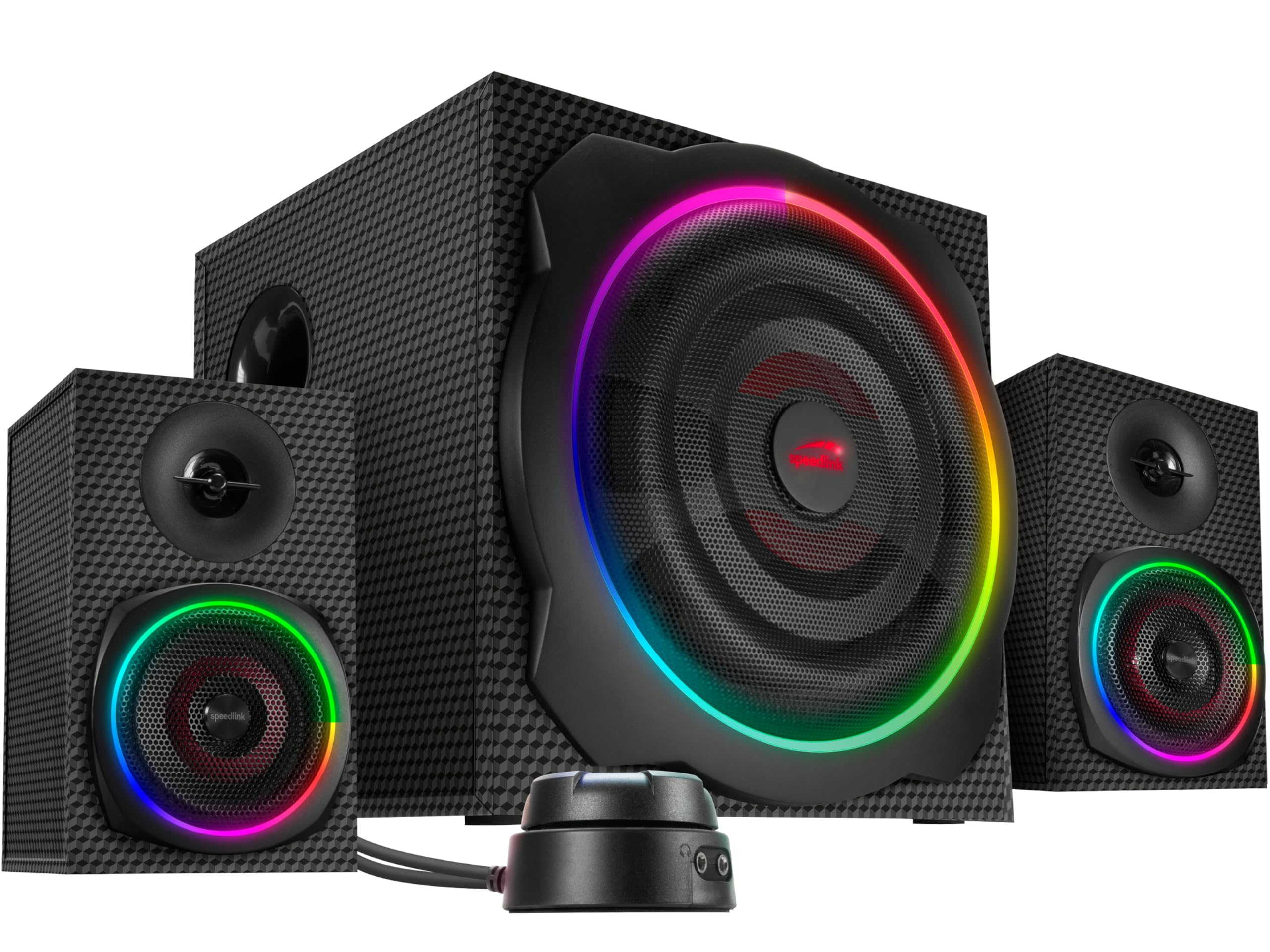 Speedlink GRAVITY CARBON RGB 2.1 Soundsystem Bluetooth - PC Lautsprecher mit Subwoofer aus Holz, Aktiv Lautsprechersystem 120 Watt, 3,5mm Klinke, AUX, Tischfernbedienung, schwarz Angebot bei HelloDeals