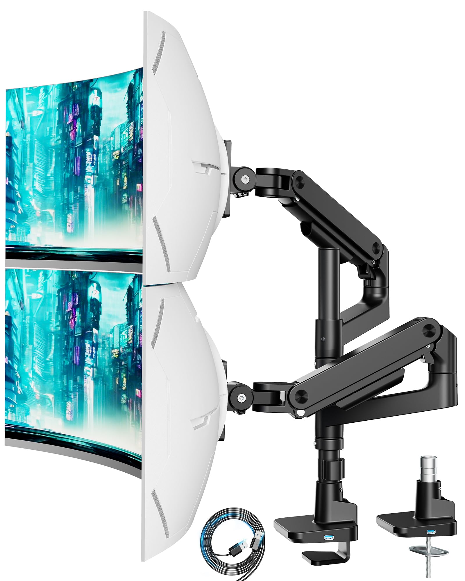 ARES WING Monitorhalterung 2 Monitore übereinander für 17-49 Zoll Flach & Curved Bildschirme, dual Monitor Halterung mit Gasfeder und USB A/C Port, Höhenverstellbar, Gewicht 2-20kg/arm,VESA 75 & 100 schwarz Angebot bei HelloDeals