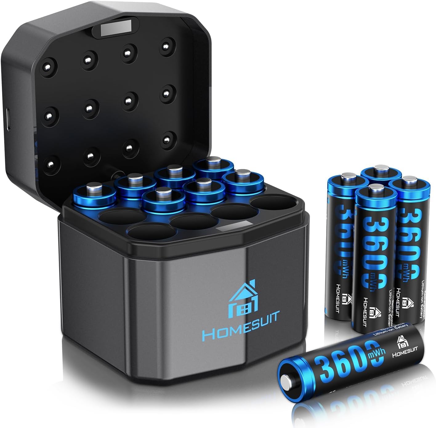 Homesuit Batterien AA 12 Stück 1,5V 3600mWh Wiederaufladbare Lithium Akkus mit Schnelllade Ladegerät für Spielzeug, Digitalkamera, Sport & Outdoor Blau Angebot bei HelloDeals