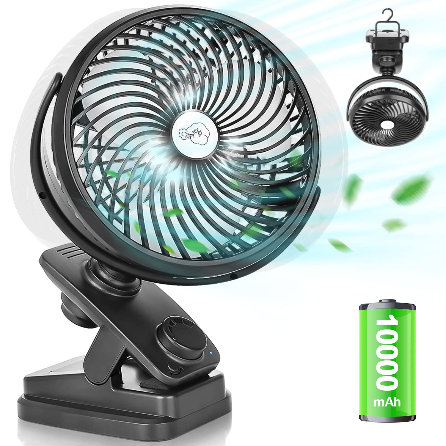 Oszillation Tischventilator 10000mAh Mini USB Ventilator Stufenloser Geschwindigkeit, Leise Clip Fan mit LED Licht, Tragbare Hängehaken Camping Klemmventilatoren 100 Stunden Wiederaufladbar, Ø 18 cm Schwarz Angebot bei HelloDeals