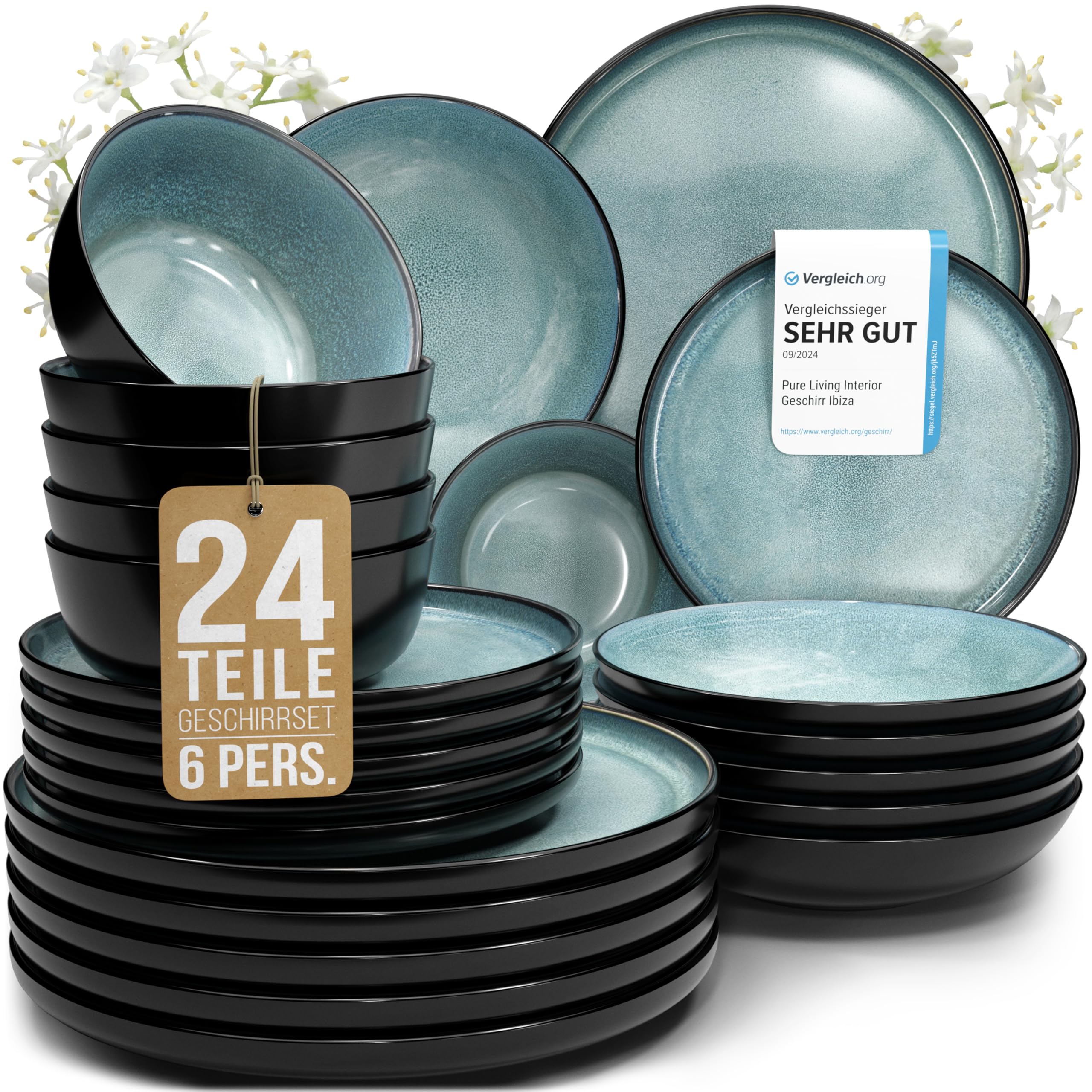 Steingut Geschirrset 6 Personen Ibiza 24 tlg. TESTSIEGER, Traumhaftes Mediterranes Steingut Geschirr Set, Schüssel- und Teller Set, Tafelservice 6 Personen, Geschirrsets Pure Living in Petrol Set 24 Teile 6 Pers. Petrol Angebot bei HelloDeals