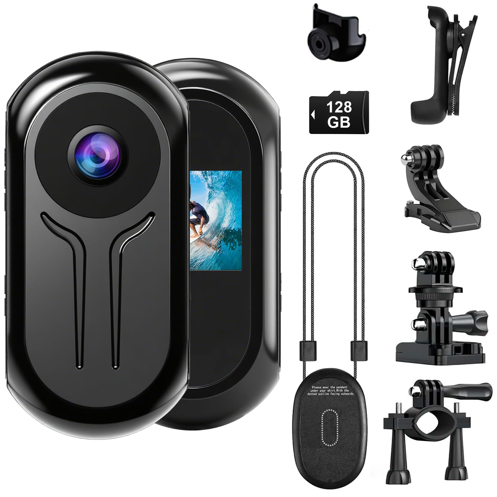 OBEST 360 Action Kamera und 128GB Karte, Mini Action Cam Bodycam Körperkamera mit Display, Magnet Motorrad Fahrrad Reiter Helmkamera, 1080p Nachtsicht Sportkamera Vlog POV Camera mit Zubehör Schwarz Angebot bei HelloDeals