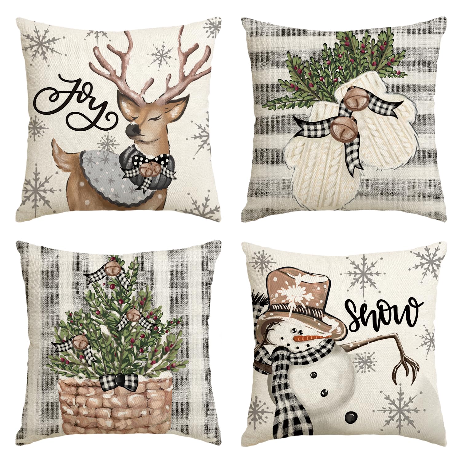 Artoid Mode Schneemann Rentier Handschuhe Holly Büffel Plaid Weihnachten Kissenbezüge 4er Set, 45x45cm Winter Zierkissenbezug Couch Wohnzimmer Deko 45 x 45 cm, 4 Stück Grau Angebot bei HelloDeals