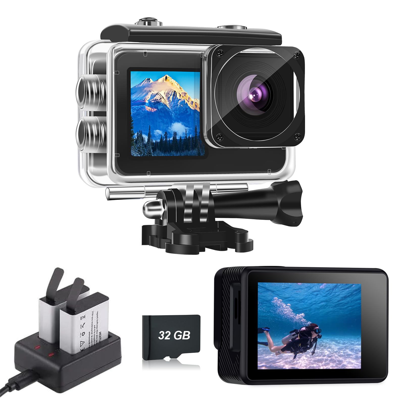 Dual Screen Action Cam 1080P 32 GB Karte wasserdichte Kamera wasserdichte Unterwasserkamera mit 2 x 1050 mAh Akku(XileCam-A3B) Angebot bei HelloDeals