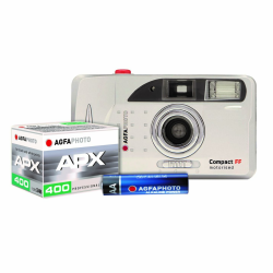 AgfaPhoto Analogkamera Compact FF motorisierter Filmtransport, Blitz, für 35mm Farb- und Schwarz/Weiß-Filme, inkl. Trageschlaufe, Kamerabeutel, Batterie und AgfaPhoto APX 400 S/W Film. Angebot bei HelloDeals