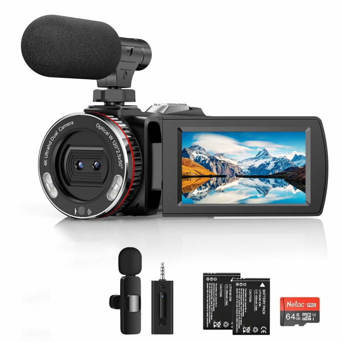4K-Camcorder, 64 MP 30 fps Vlogging-Kamera mit kabellosem Mikrofon für YouTube, Ultra HD 7,6 cm Flipscreen, 21 x Digitalzoom Videorecorder-Kamera mit 64 GB SD-Karte, Fernbedienung und 2 Batterie 903pro Angebot bei HelloDeals