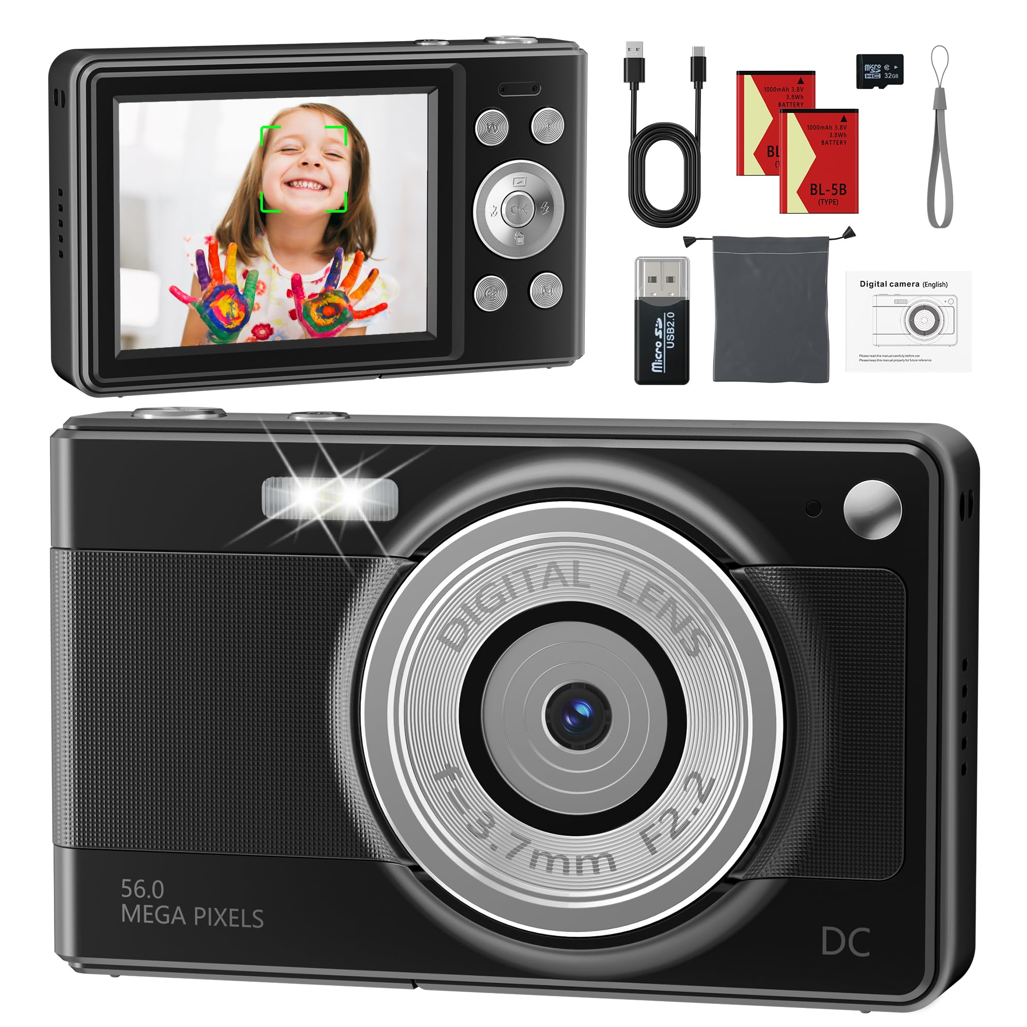Digitalkamera 56MP 1080P Fotokamera mit 32GB SD-Karte & 2 Akkus, 16-Fach Digitalzoom mit 2,8" LCD-Display, Fotoapparat Kompakt Digitalkamera für Kinder, Einsteiger, Jugendliche und Studenten Schwarz Angebot bei HelloDeals