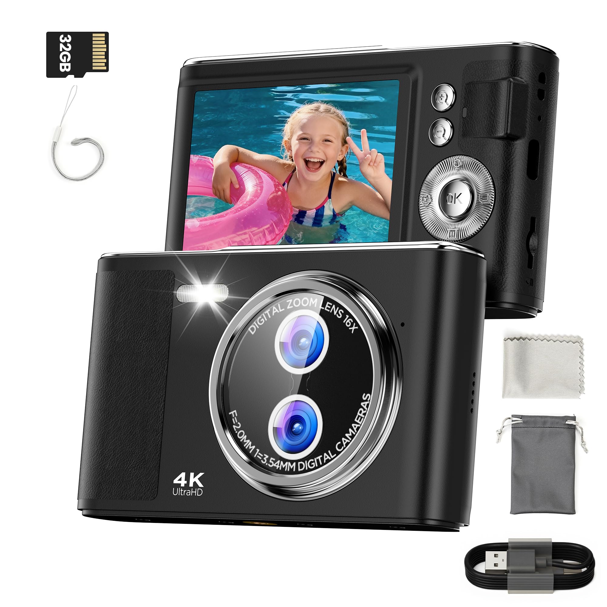 32GB Digitalkamera Kinder Fotokamera: 48MP Anti-Shake Kinderkamera Foto mit 2,8 Zoll 4K-Bildschirm, Vlogging Fotoapparat für YouTube 16X Digital Zoom Kompaktkamera für Fotografie black Angebot bei HelloDeals
