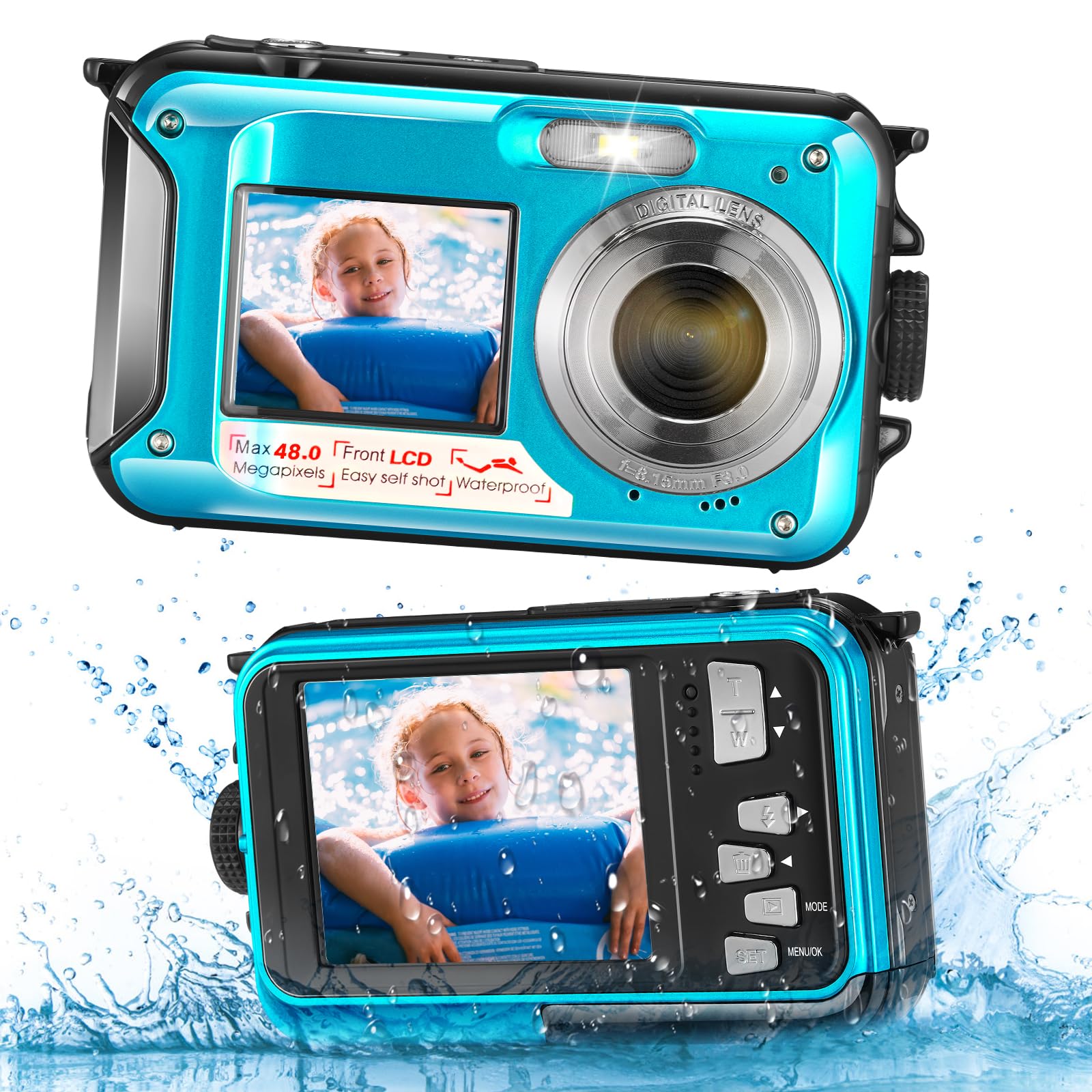 Unterwasserkamera, Full HD 2.7K 48MP Autofocus Digitalkamera 10FT Dual Screen wasserdichte Kamera Selfie Anti Shake 16X Digital Zoom Schnorcheln Digitalkamera für Schnorcheln Schwimmen, Blau Blue Angebot bei HelloDeals