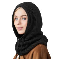 DRESHOW Wintermützen für Damen Balaclava Strickmütze Skull Cap mit Kordelzug Warmer Kapuzenschal Mütze Einheitsgröße 1 Pc Hooded Hat: Black Angebot bei HelloDeals
