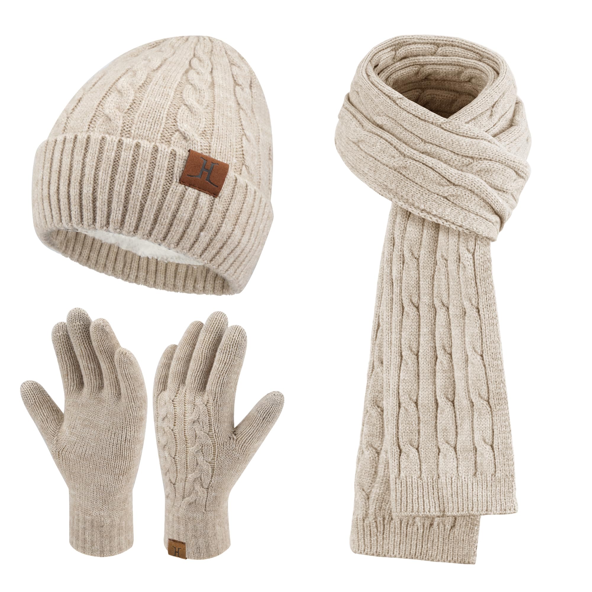 Damen Winter Mütze Schal Touchscreen Handschuhe Set Thermo Strickmütze Beanie Wintermütze Schals Winterschal Winterhandschuhe Geschenk für Frauen Khaki Einheitsgröße Angebot bei HelloDeals