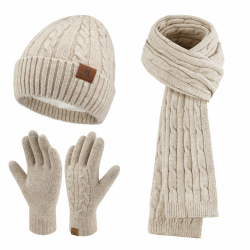 Damen Winter Mütze Schal Touchscreen Handschuhe Set Thermo Strickmütze Beanie Wintermütze Schals Winterschal Winterhandschuhe Geschenk für Frauen Khaki Einheitsgröße Angebot bei HelloDeals