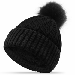 Mütze Damen Winter, Strickmützen für Damen, Warme Wintermütze Fleece Gefüttert mit Bommel Beanie Schwarz Angebot bei HelloDeals