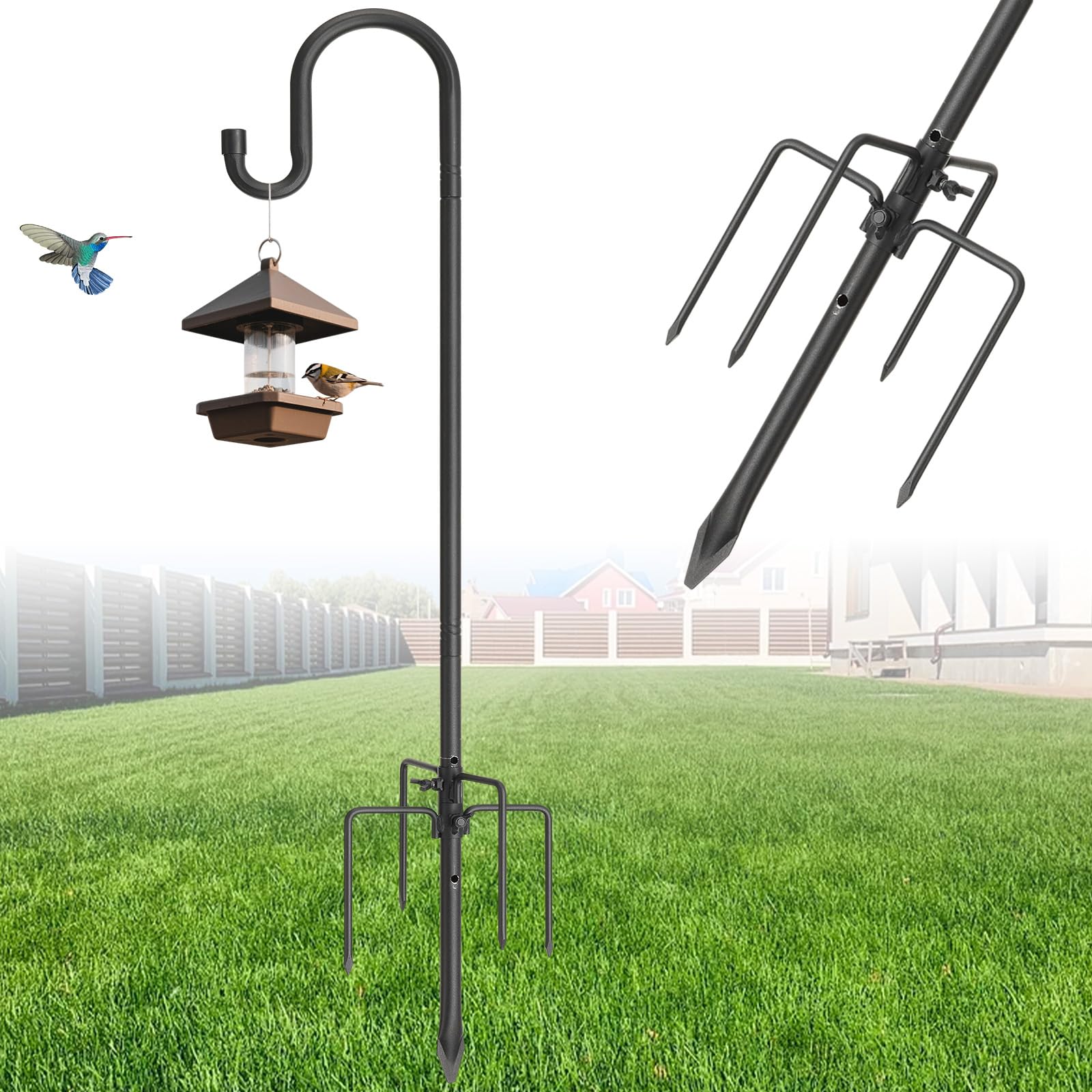 Schäferhaken Garten, Hirtenhaken Schwarz 234cm Einstellbar, Vogelfutterspender Stange Laternenhalter mit 5 Zinken, Hängende Station Metall für Hochzeitsdeko, Lichterketten & Vogelhaus Angebot bei HelloDeals