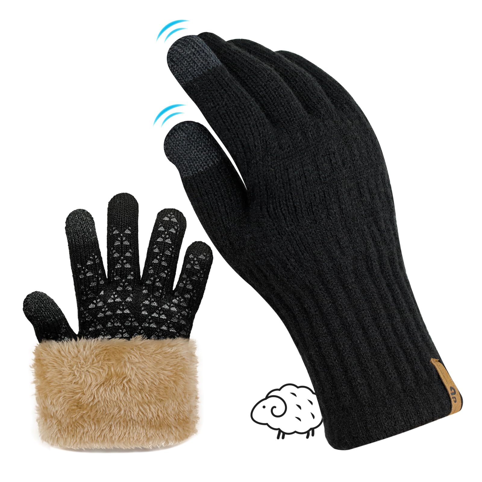 Handschuhe Herren Damen Winter Warm Freezer Thermo Schwarze Handschuhe Merino Wolle Doppelschicht Fleece Touchscreen Outdoor Strickhandschuhe Rutschfeste Fleecefutter Schwarz S-M Angebot bei HelloDeals