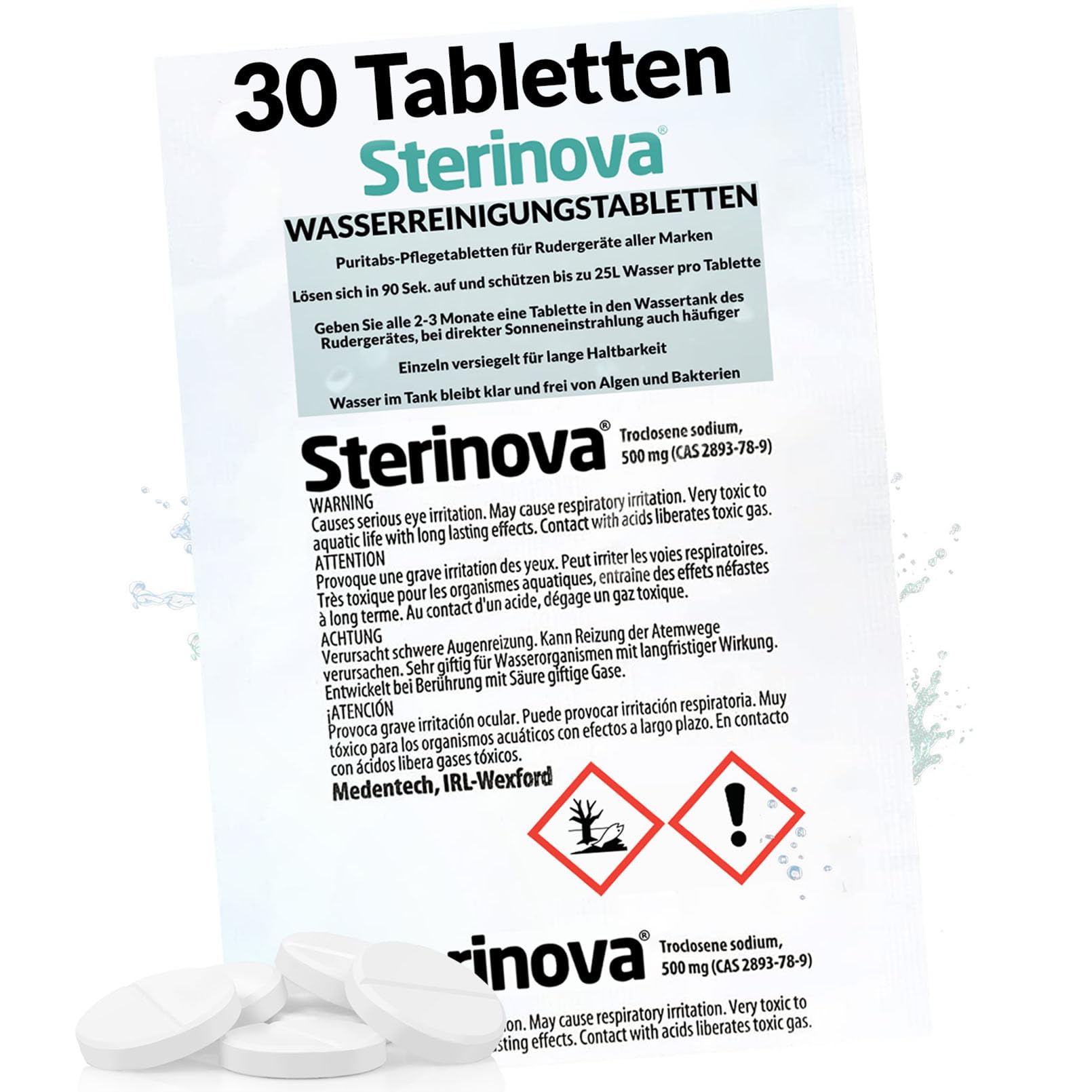 JB White Puritabs Sterinova 30x Wasser Rudergerät Tabletten gegen Algen, extra konzentriert, Chlortabletten zB geeignet für WaterRower, SportPlus, Skandika Wasserrudergerät (5 x 6) 30x 25L Angebot bei HelloDeals