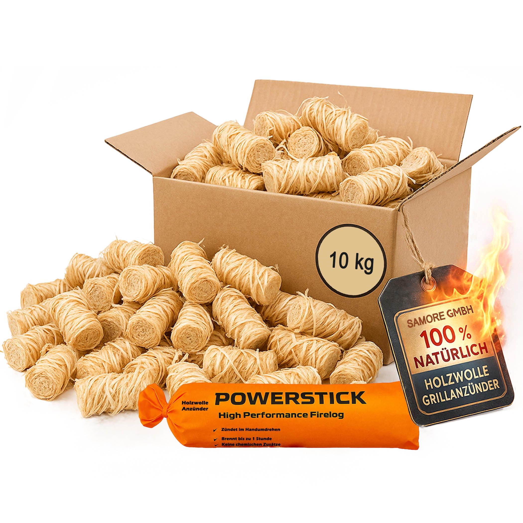 Samore 10 kg Öko (ca. 800 Stck) Kaminanzünder inkl. XXL Powerstick Grillanzünder Anzündwolle Holzwolle Anzünder Zündwolle Angebot bei HelloDeals