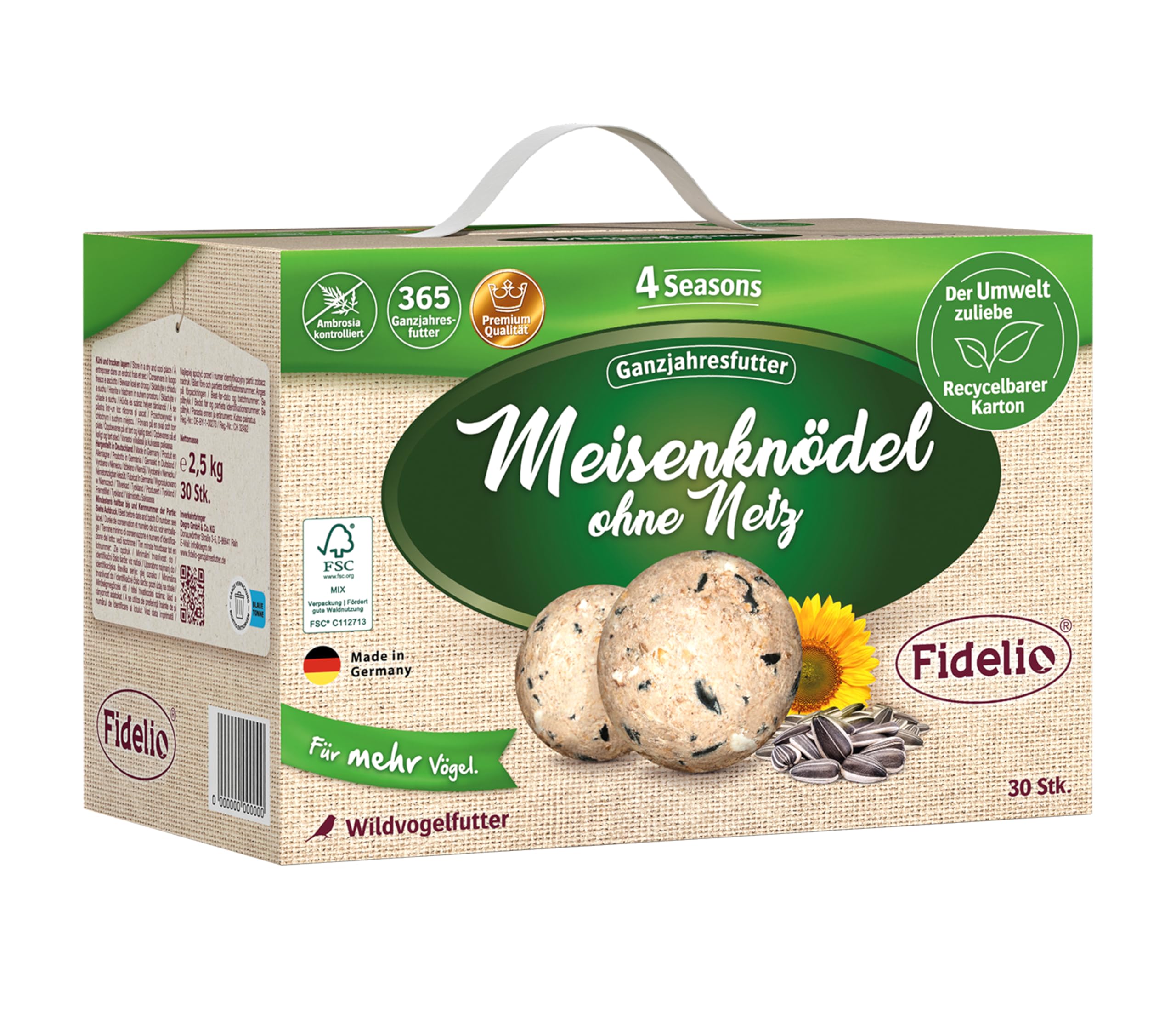 Fidelio Meisenknödel ohne Netz, ganzjähriges Wildvogelfutter proteinreich/energiereich, hochwertiges Vogelfutter für Wildvögel, 30 Stück im Karton aus FSC-zertifizierter Produktion, 2.5 kg Geschmacklos 30 stück (1er Pack) Angebot bei HelloDeals