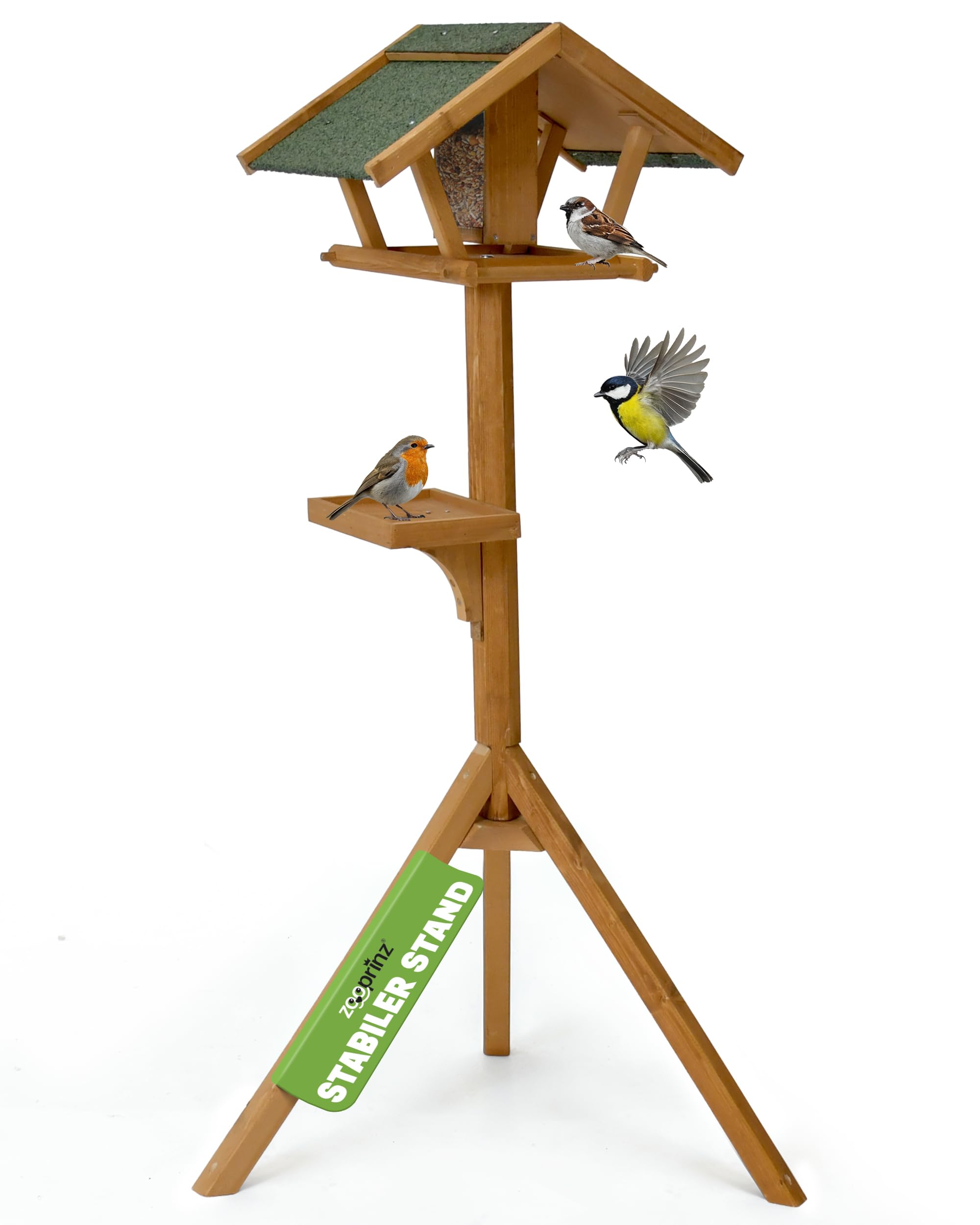 zooprinz Vogelhaus mit Ständer aus Holz – Vogelfutterstation mit herausnehmbarem Silo -Wetterfestem Dach & Ablage – großer Vogelfutterspender/Futterhäuschen für Vögel & Wildvögel – Für Garten (Braun) Angebot bei HelloDeals