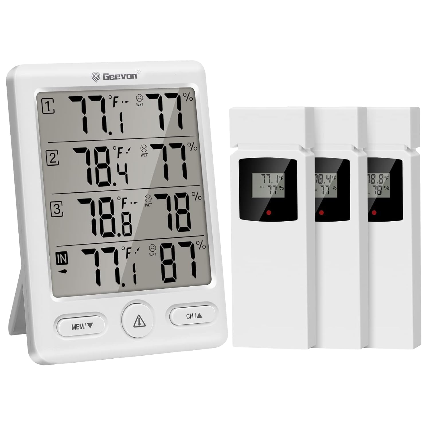 Geevon Funk Thermometer Innen Außen mit 3 Fernsensoren, Thermometer Hygrometer Feuchtigkeit Digital, Temperatur und Luftfeuchtigkeitsmesser mit 60M/200FT Reichweite (228646 weiß ohne Batterie) Angebot bei HelloDeals