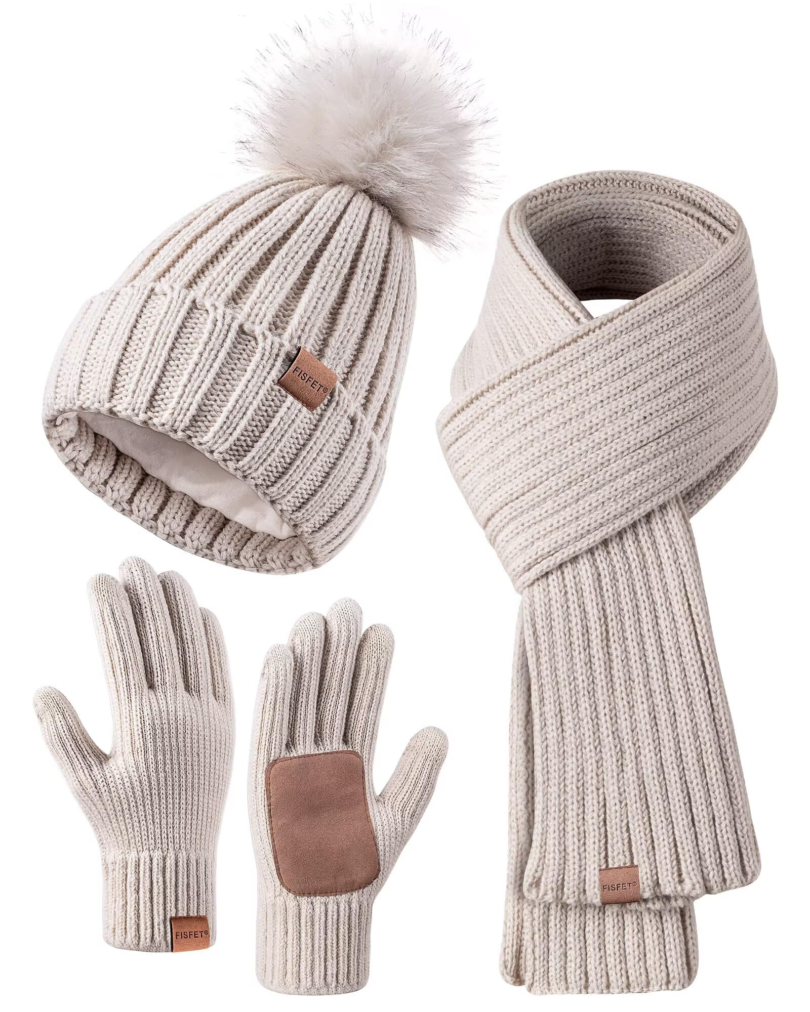 Mütze, Schal & Handschuh-Sets für Damen, Beanie Mütze Damen Winter mit Bommel Fleece Gefütterte, Touchscreen Handschuhe Schal Wärmer Cap 3 in 1 Set Haferflocken Angebot bei HelloDeals