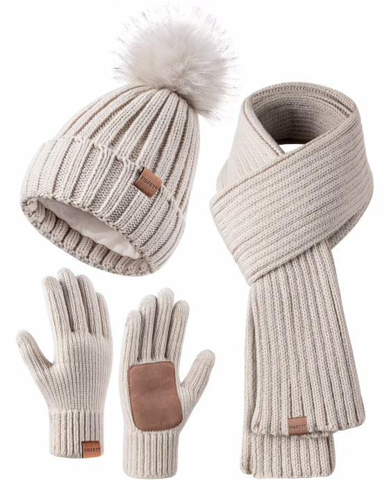 Mütze, Schal & Handschuh-Sets für Damen, Beanie Mütze Damen Winter mit Bommel Fleece Gefütterte, Touchscreen Handschuhe Schal Wärmer Cap 3 in 1 Set Haferflocken Angebot bei HelloDeals