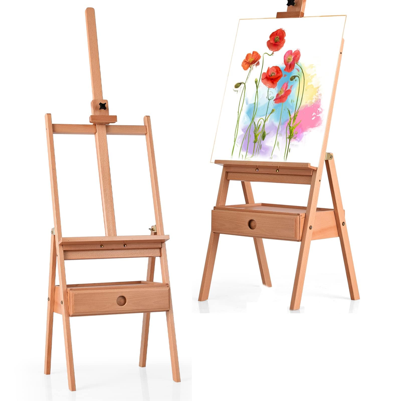 COSTWAY Staffelei Holz groß, 194,5 cm Leinwand Ständer mit Ablage und Schublade, Holzstaffelei höhenverstellbar, Malstaffelei für Leinwände bis 92 cm, Atelierstaffelei für Künstler, Hochzeit Angebot bei HelloDeals
