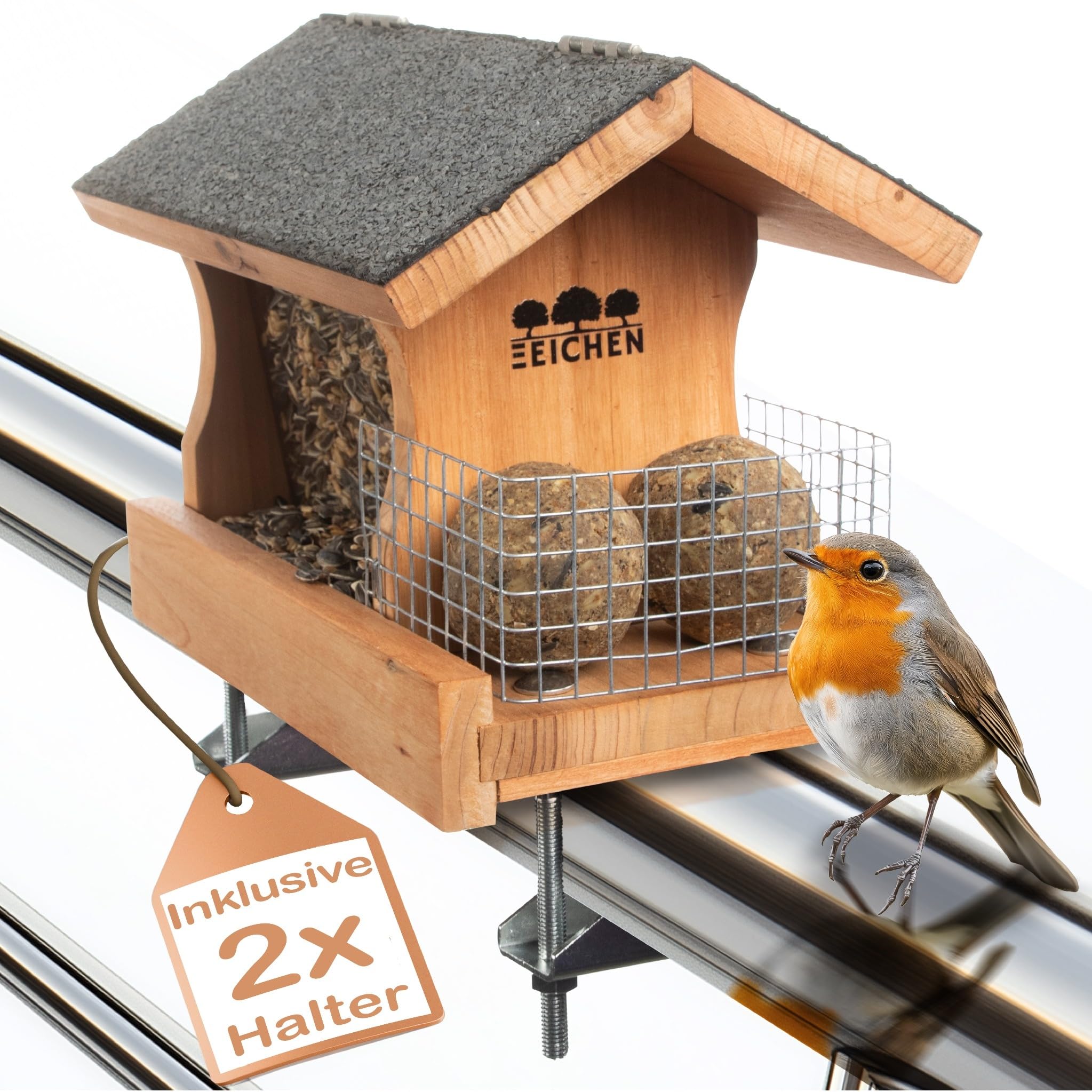 Vogelfutterhaus mit 2 x Balkonhalterung und wetterfestem Holz inkl. Wasserablauf, Meisenknödelhalter und Zubehör Set | Vogelhaus Balkon | Vogelhäuschen Balkon | Vogelhaus Balkongeländer | Drei Eichen Angebot bei HelloDeals