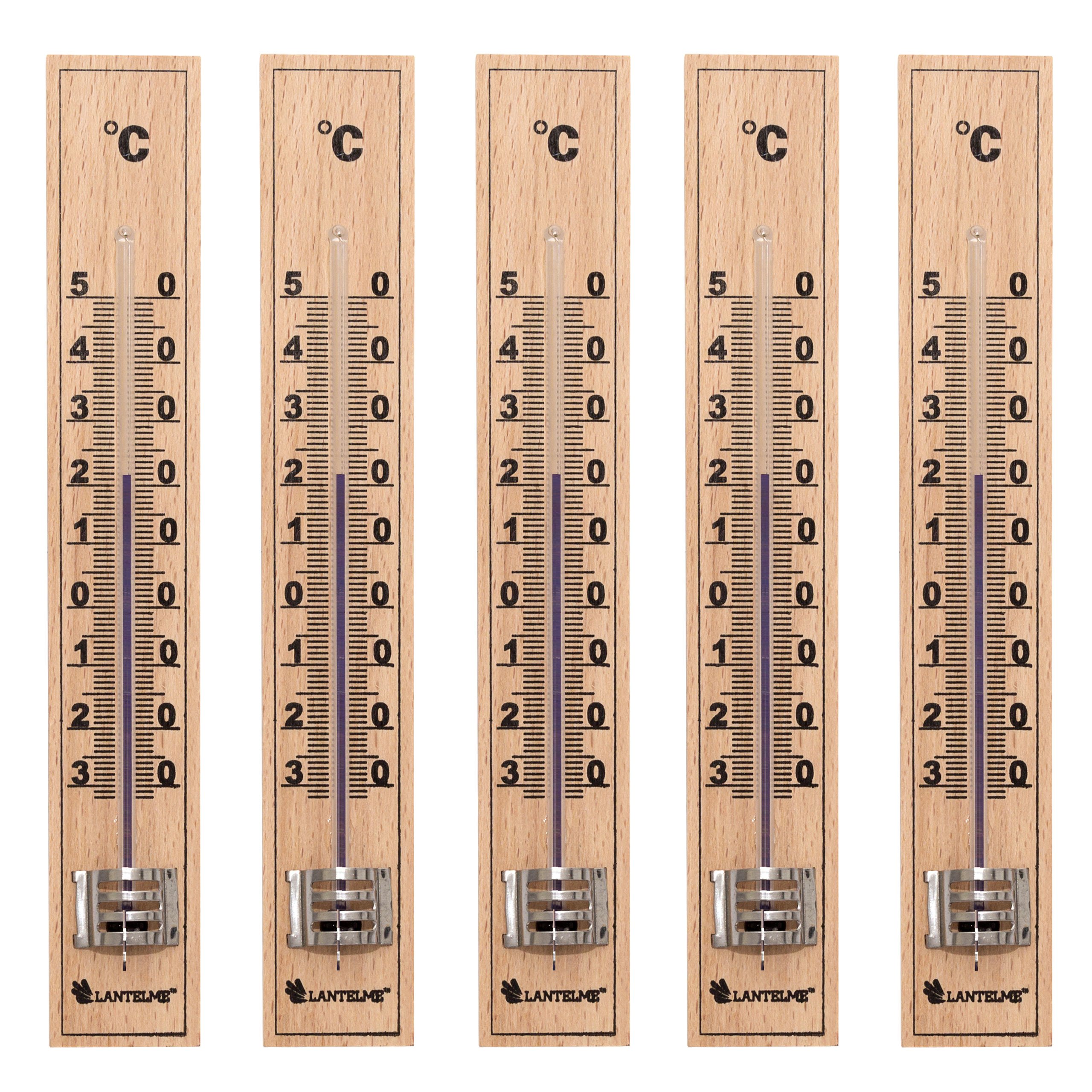 Lantelme 5 Stück Holz Außenthermometer Set 17cm Temperatur -30 bis +50°C Analog | Deutsche Herstellung | Thermometer für Innen Zimmer Außen Garten aus Buchenholz | Gartenthermometer (5) Angebot bei HelloDeals