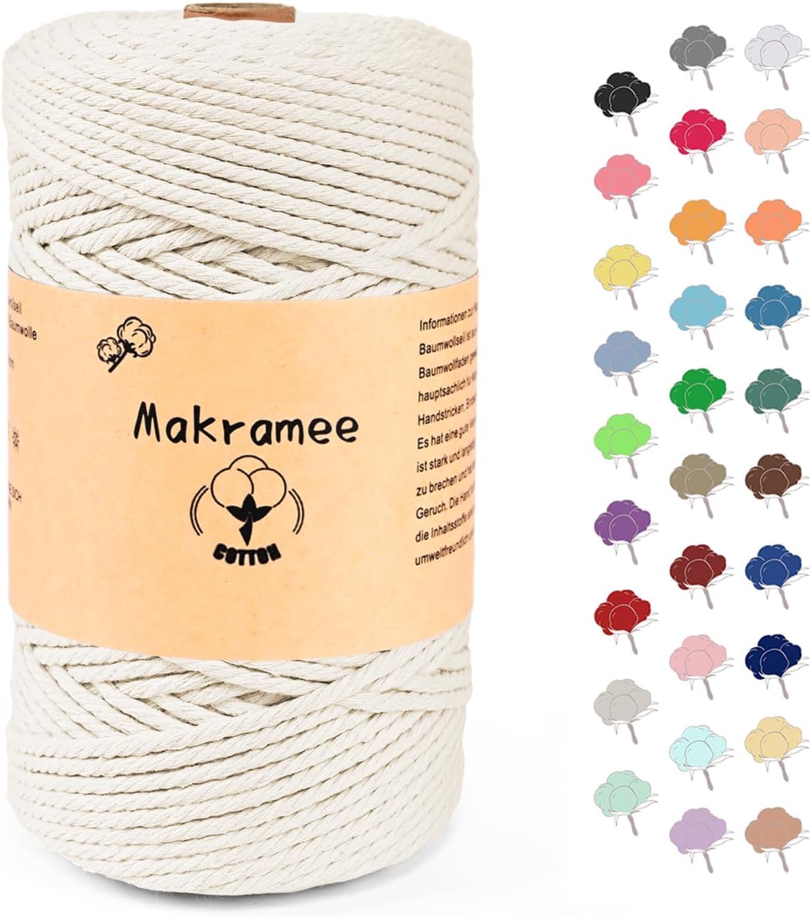 Makramee Garn 3mm x 200m, Makramee Baumwollgarn, Baumwollgarn für Blumenampel Basteln, Pflanzenbügel und DIY Handwerk Mit Papierbox Weiß 3mm x 200m Angebot bei HelloDeals