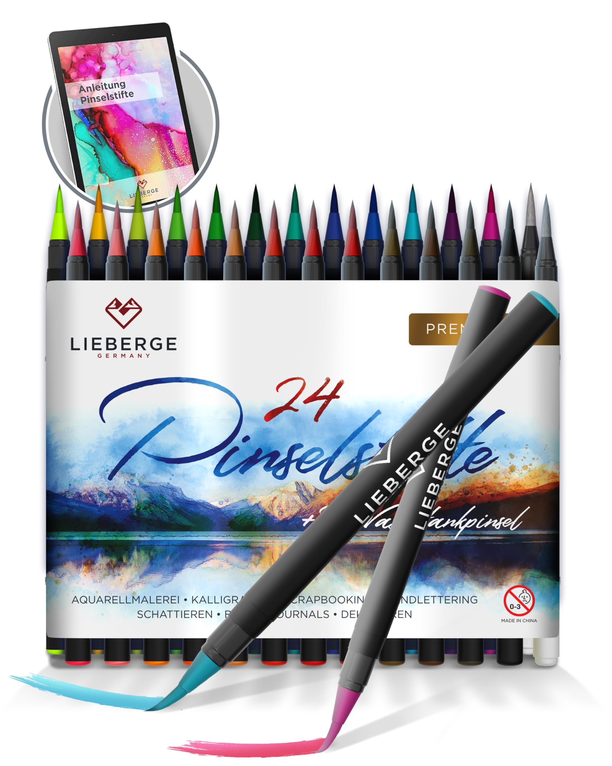 Pinselstifte Premium-Set - 24 Aquarellfarben + 2 Wassertankpinsel - Brush Pen mit flexibler Pinselspitze für Aquarell, Hand Lettering, Bullet Journal, Kalligraphie Angebot bei HelloDeals