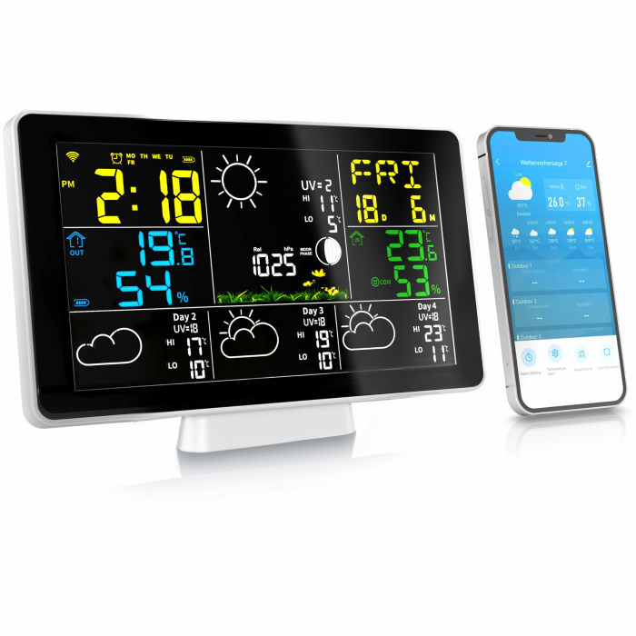 Brandson - Wetterstation Wlan mit Außensensor WiFi – Funk - Innen und Außentemperatur – Luftdruck/Barometer – Luftfeuchtigkeit – 4 Tage Prognose mit App – Modell 2025 Angebot bei HelloDeals