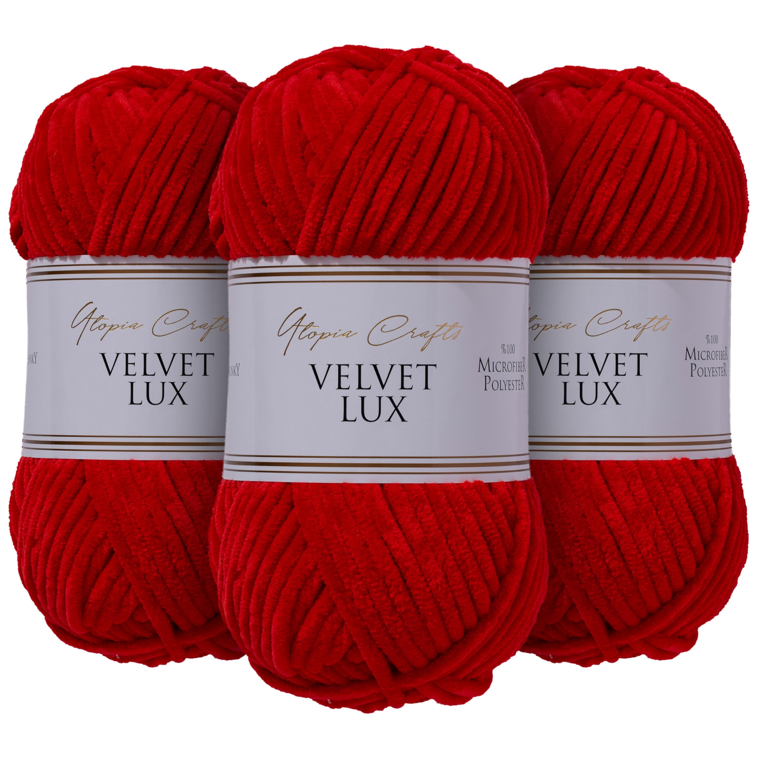 Utopia Crafts Velvet Lux Chenille, superweiches, grobes Garn zum Stricken und Häkeln, 3 x 100 g (rot) Angebot bei HelloDeals