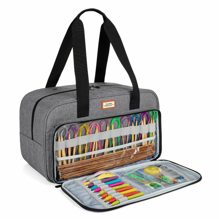 CURMIO Wolle Aufbewahrungstasche, Stricktasche für Garn, Tragetasche zum Stricken von Projekten, Häkel-/Stricknadeln und Anderem Zubehör (OHNE ZUBEHÖR ENTHALTEN), Grau Angebot bei HelloDeals