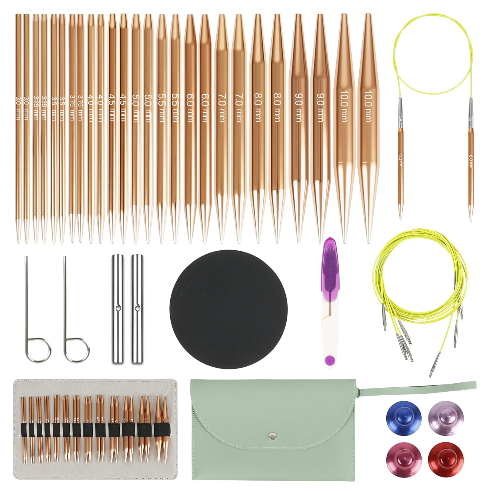 Rundstricknadeln Set Austauschbar, 13 Paar Rundstricknadeln mit Tasche und Zubehör, 13 Nadeldurchmesser 3–10 mm, 4 Längen Verstellbar 4–10 cm, Aluminium Häkelnadel Set (Champagnerfarbe) Grün 10 cm Angebot bei HelloDeals